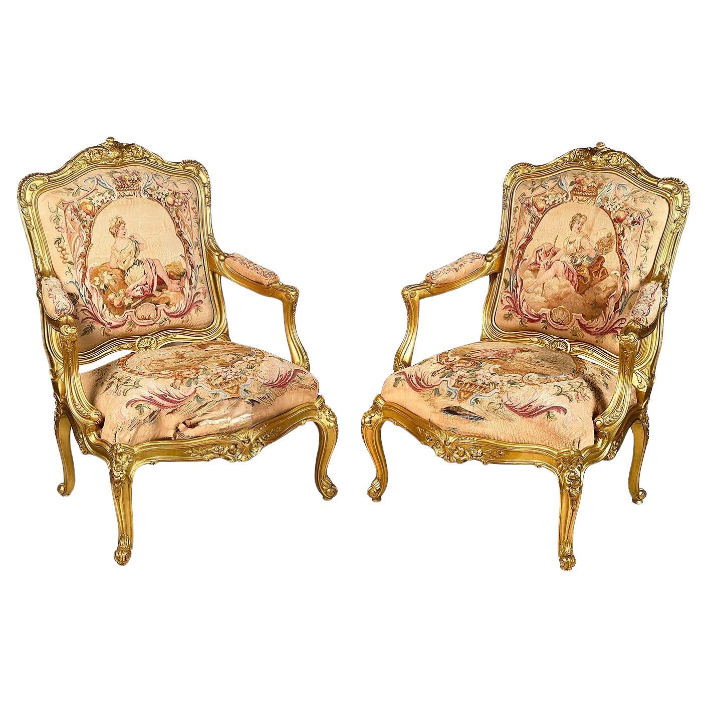 Pair 19th Century French gilt wood Salon chairs.