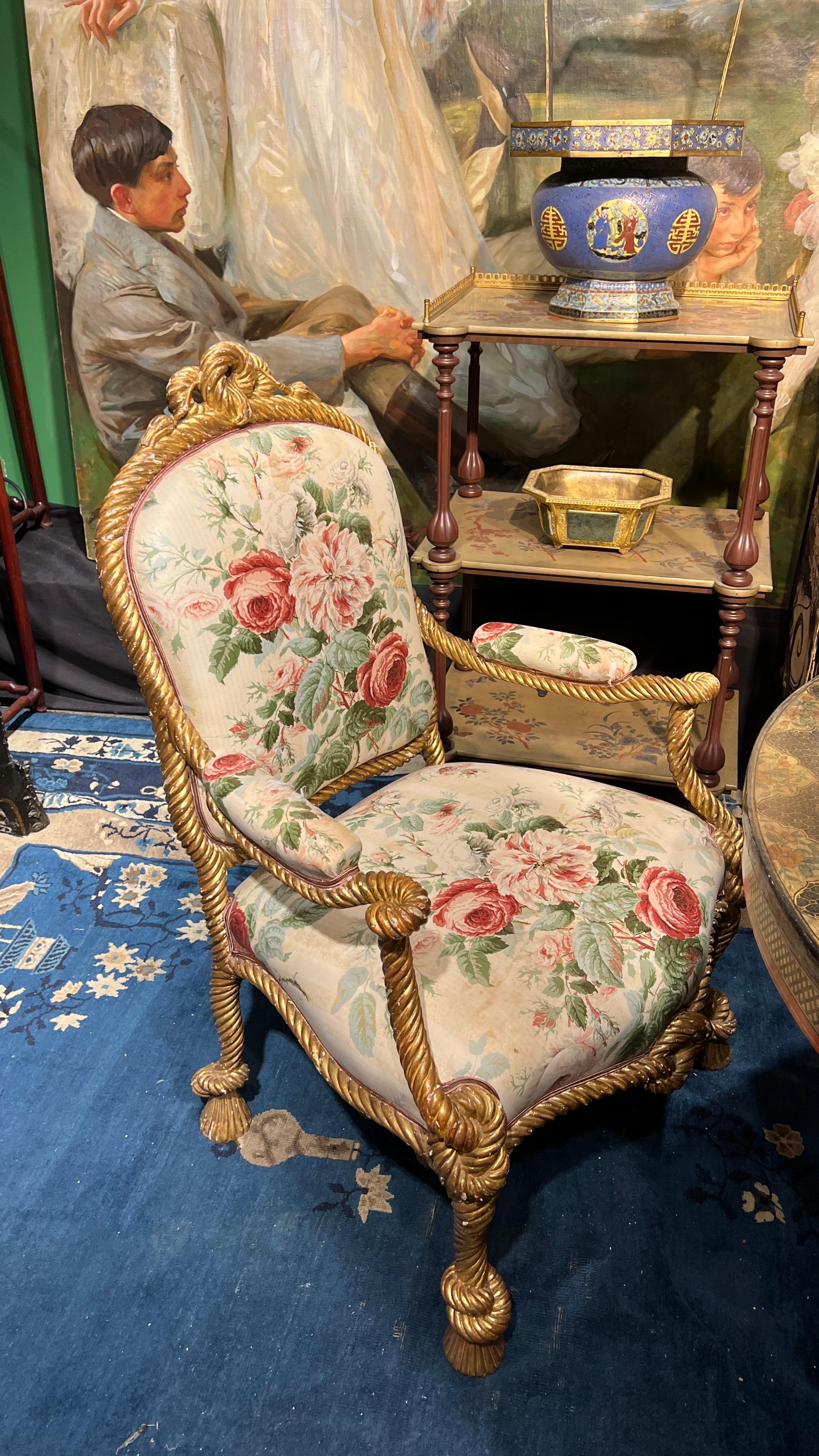 Hand-Carved Pair 19th Century French Giltwood Rope-Twist Armchairs For Sale