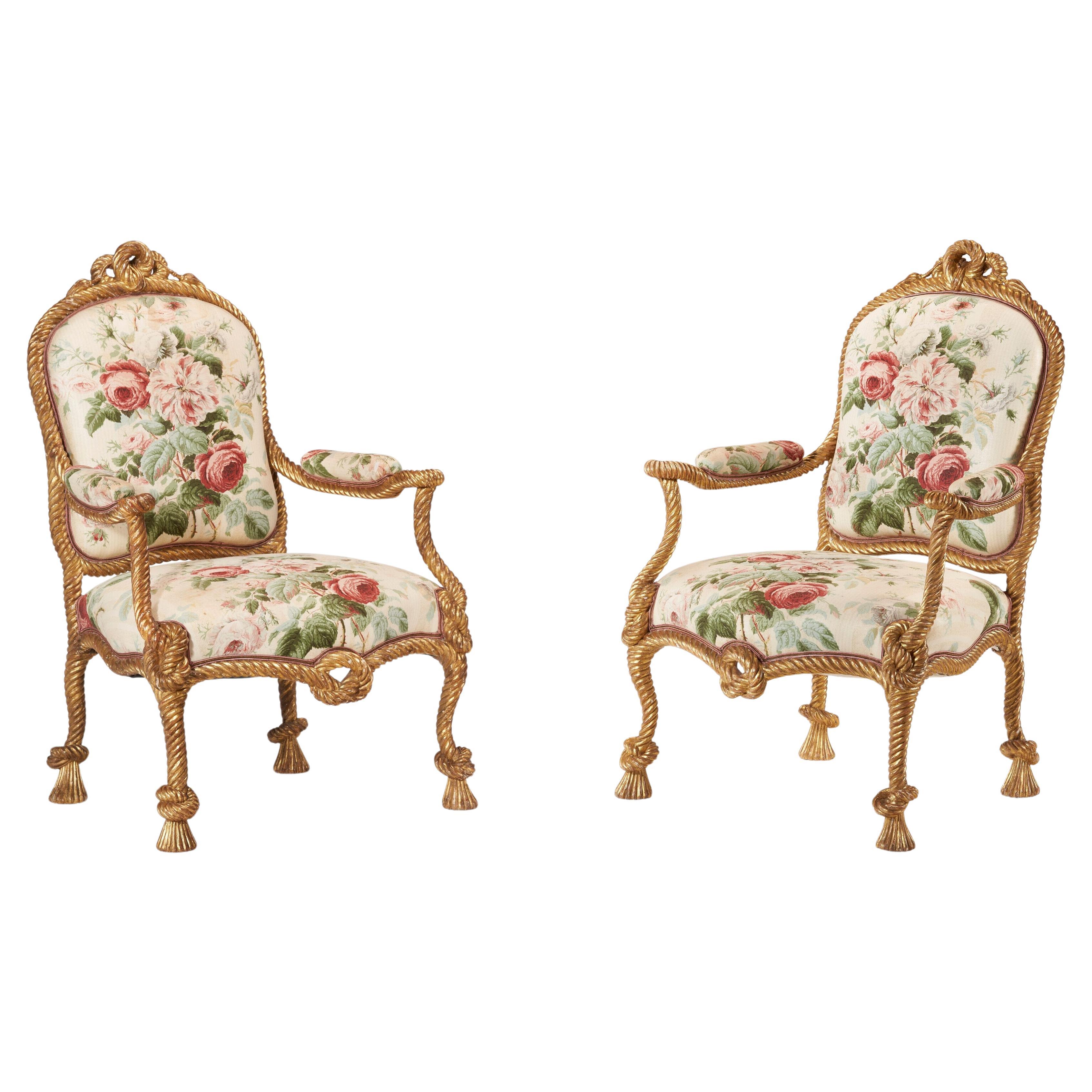 Pair 19th Century French Giltwood Rope-Twist Armchairs For Sale