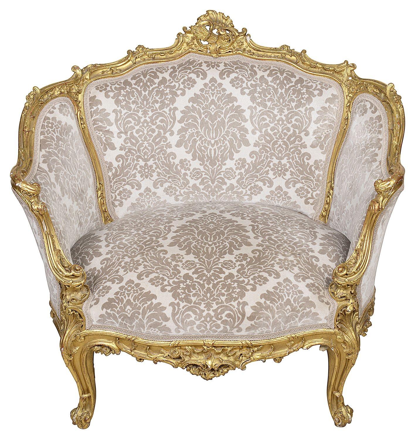 A good quality pair of late 19th Century French carved gilt wood upholstered salon chairs, each with wonderful scrolling foliate and shell like decoration, raised on elegant scrolling cabriole legs.

G9488/21 LBEZ.