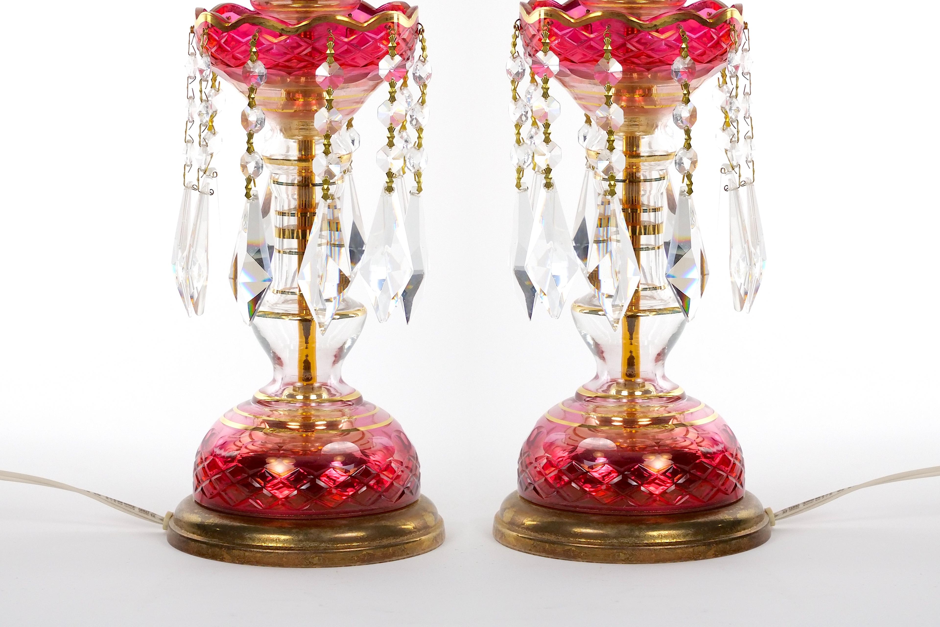 Austrian Pair 19th Century Cut Glass Lustres Candlesticks Table Lamps For Sale