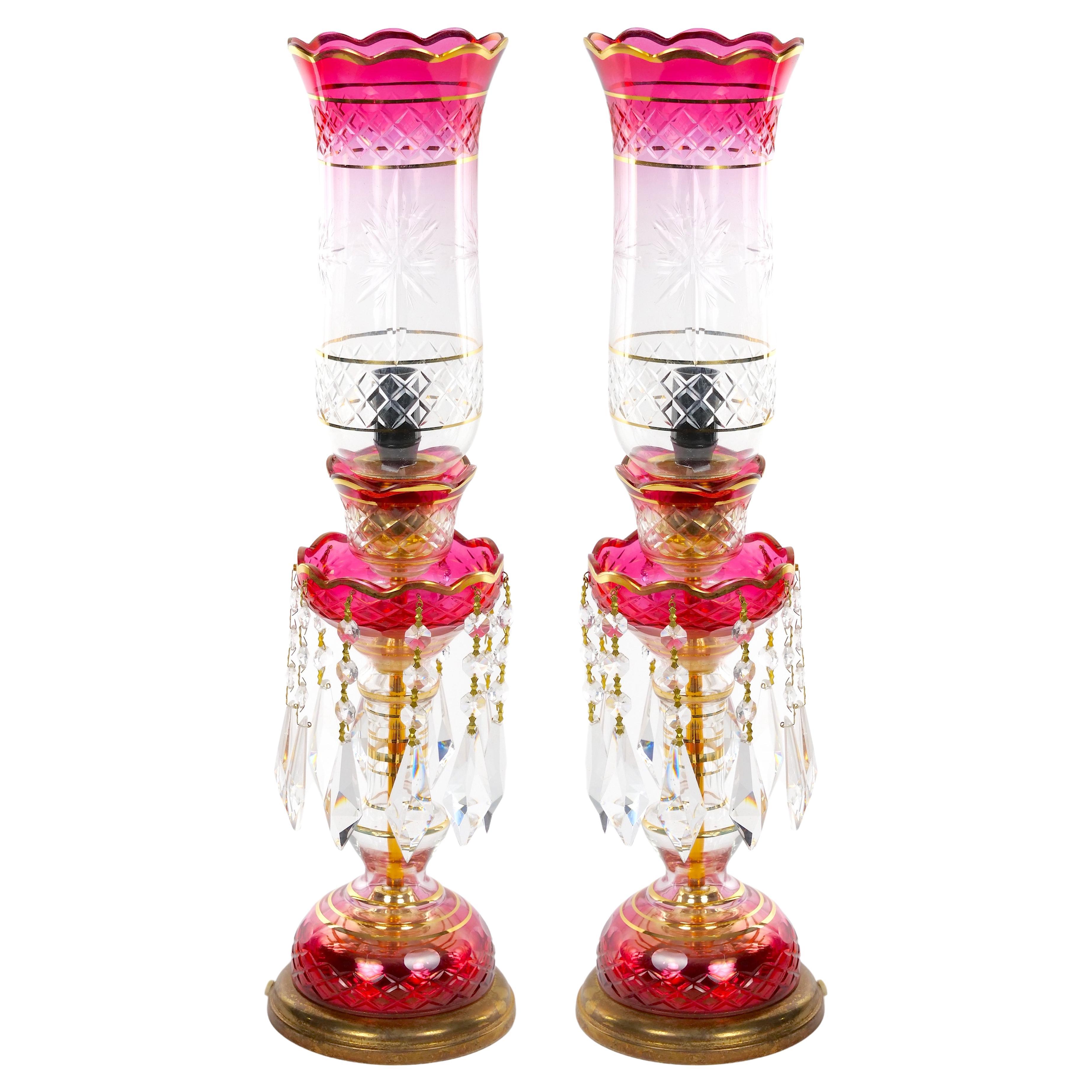 Pair 19th Century Cut Glass Lustres Candlesticks Table Lamps For Sale