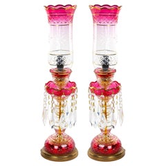 Pair 19th Century Cut Glass Lustres Candlesticks Table Lamps