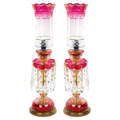 Pair 19th Century Cut Glass Lustres Candlesticks Table Lamps