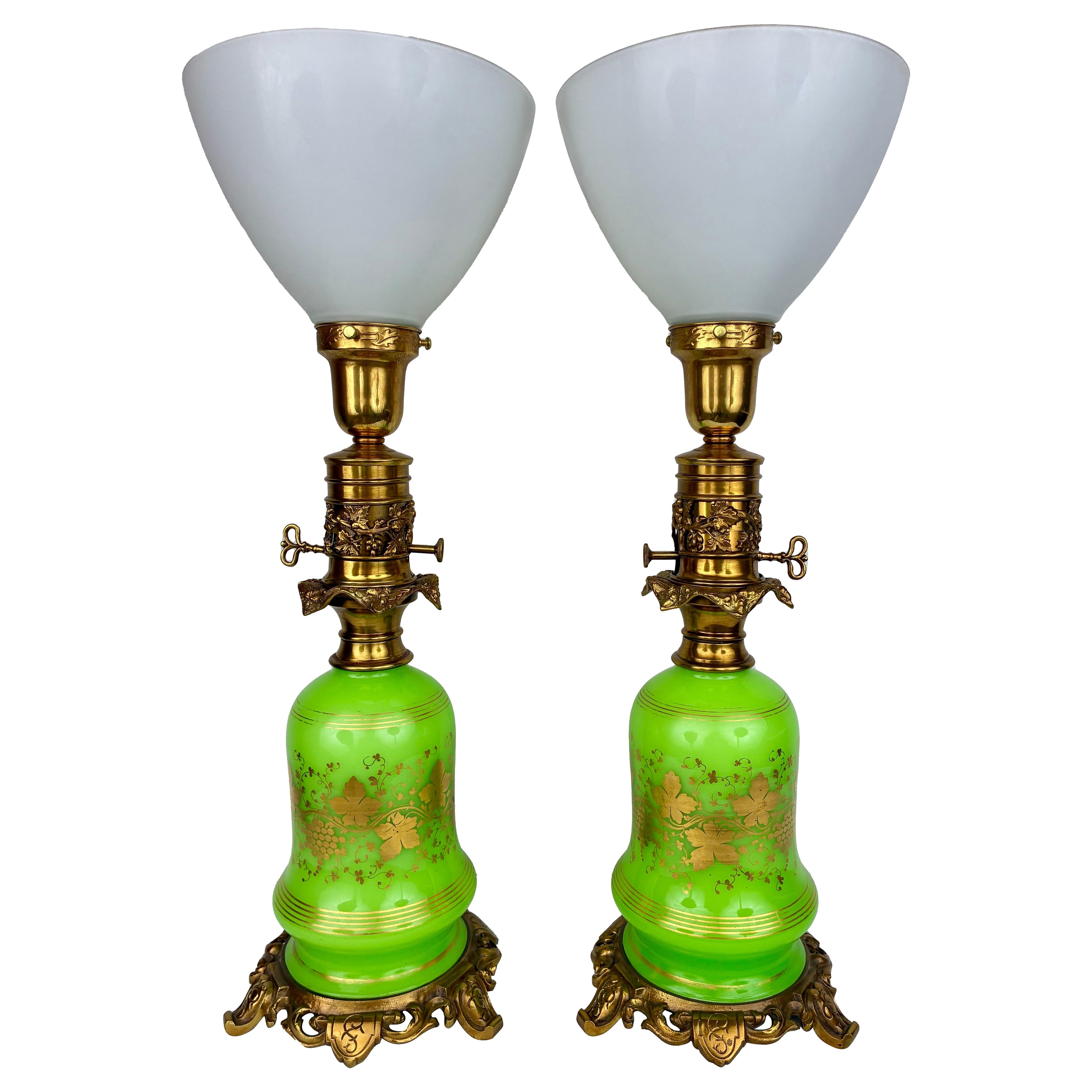 Pair 19th Century French Green Opaline Lamps