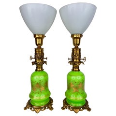 Pair 19th Century French Green Opaline Lamps