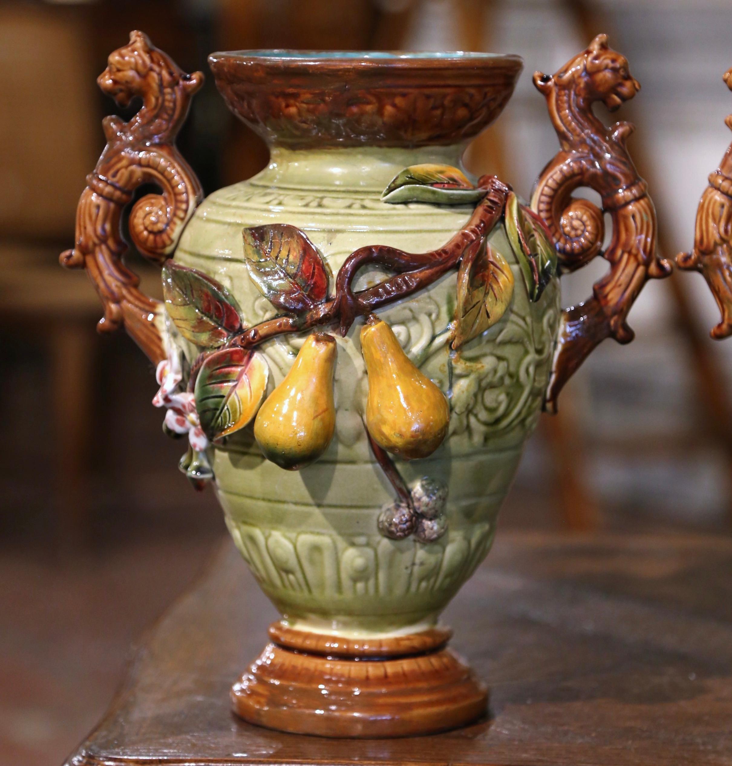 Hand-Crafted Pair 19th Century French Hand Painted Barbotine Ceramic Vases with Fruit Motifs For Sale