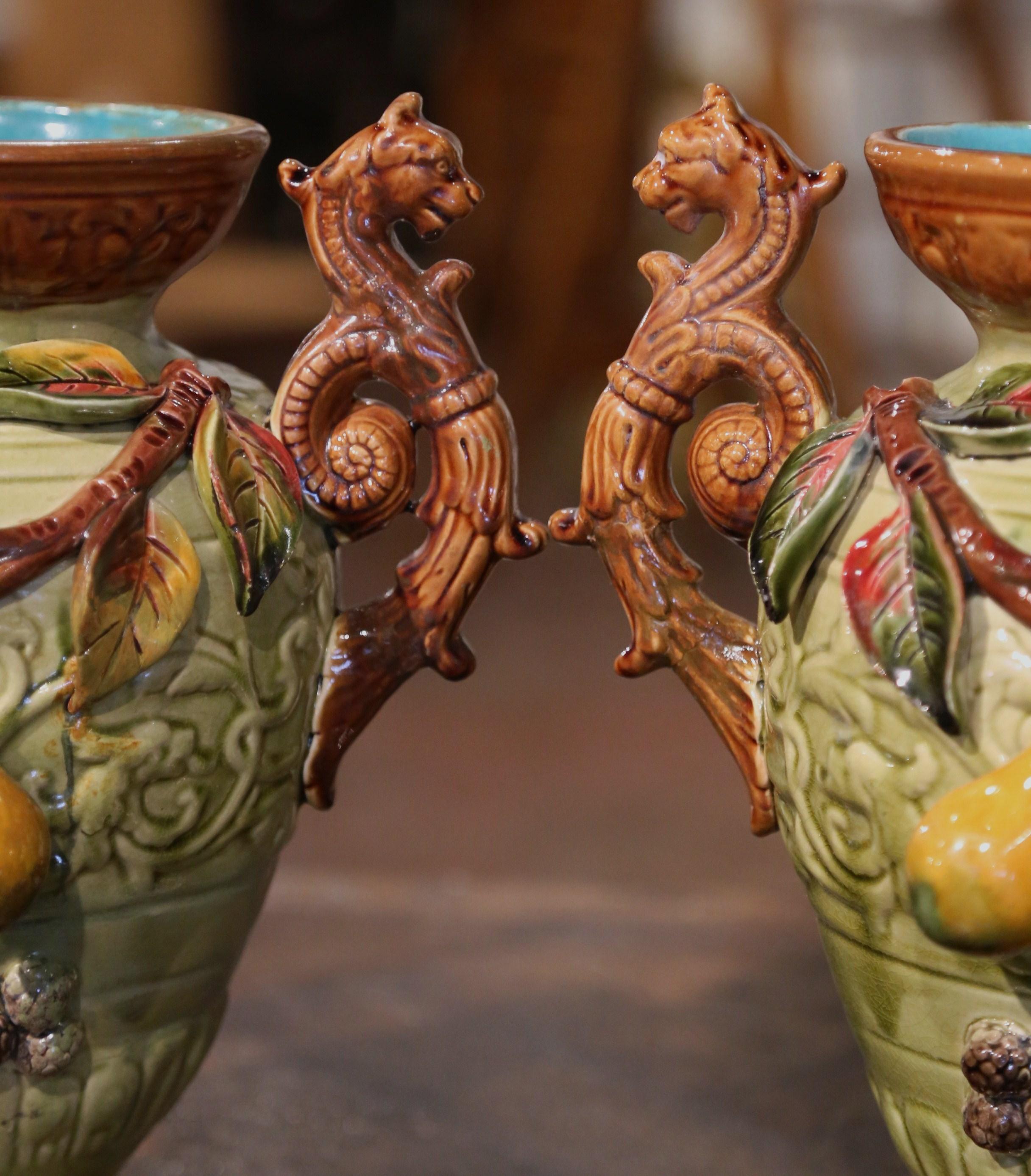 Pair 19th Century French Hand Painted Barbotine Ceramic Vases with Fruit Motifs In Excellent Condition For Sale In Dallas, TX