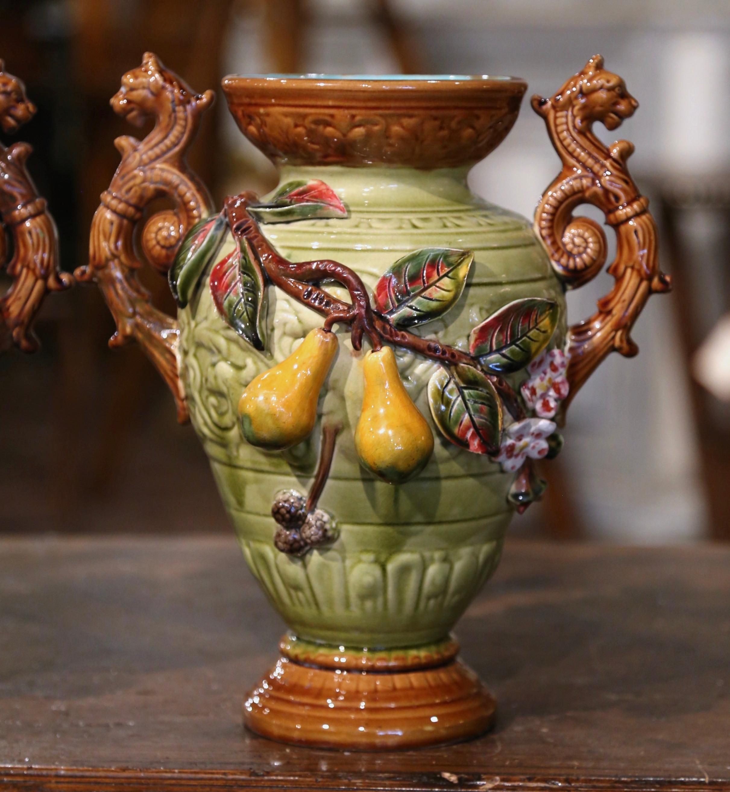 Pair 19th Century French Hand Painted Barbotine Ceramic Vases with Fruit Motifs For Sale 1