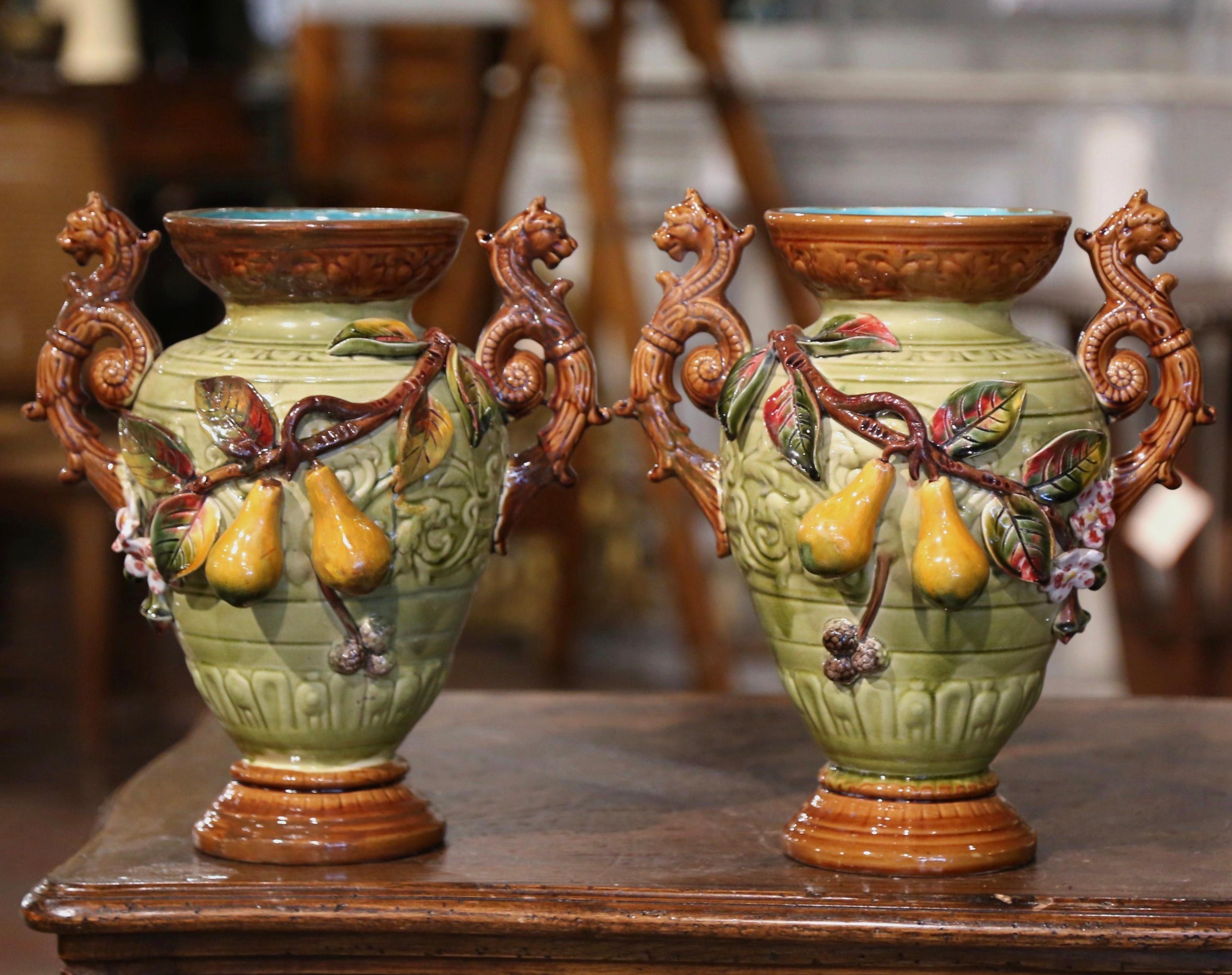 Pair 19th Century French Hand Painted Barbotine Ceramic Vases with Fruit Motifs For Sale 2