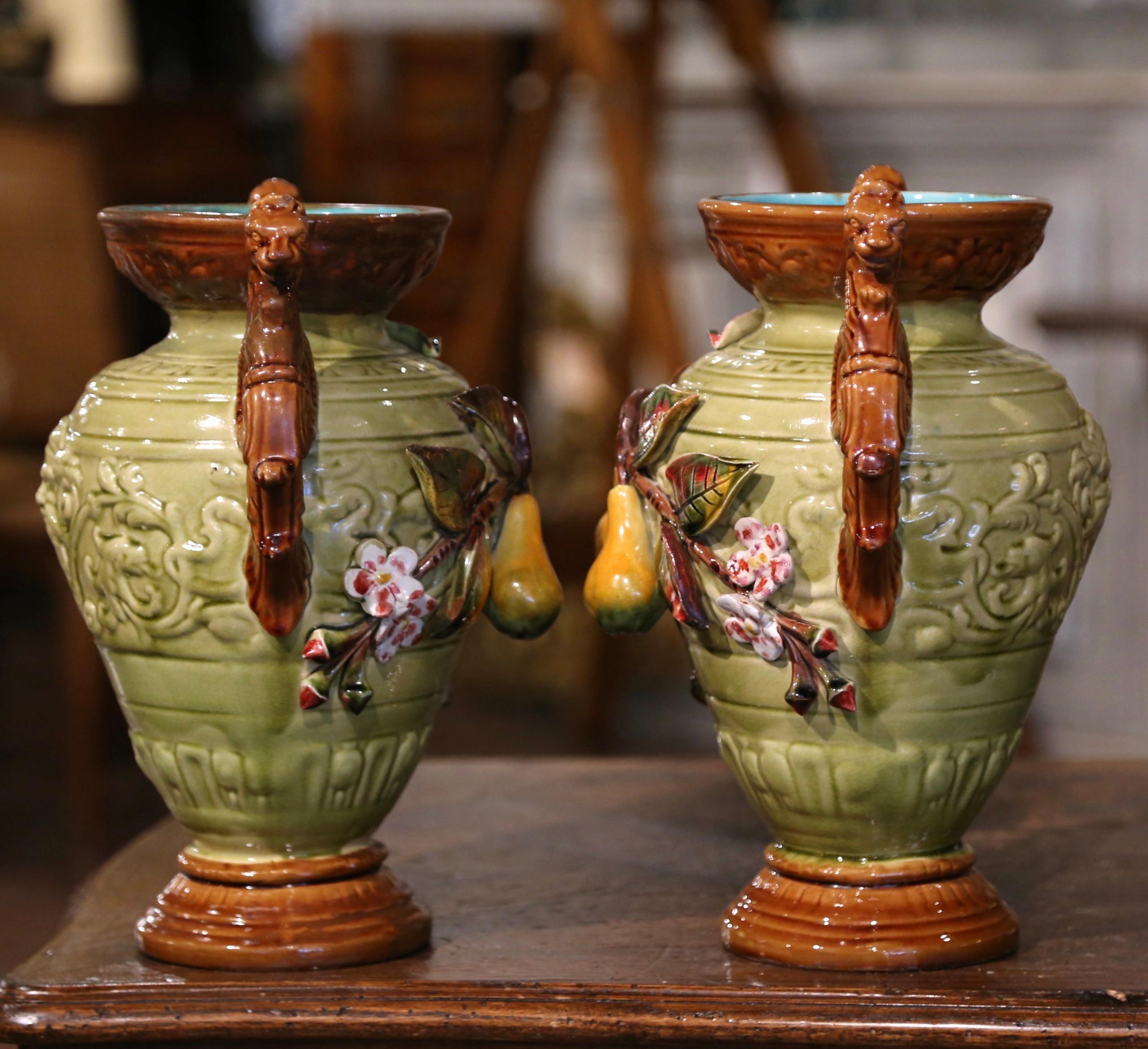 Pair 19th Century French Hand Painted Barbotine Ceramic Vases with Fruit Motifs For Sale 4