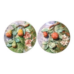 Pair 19th Century French Hand-Painted Longchamp Faience Barbotine Wall Plates