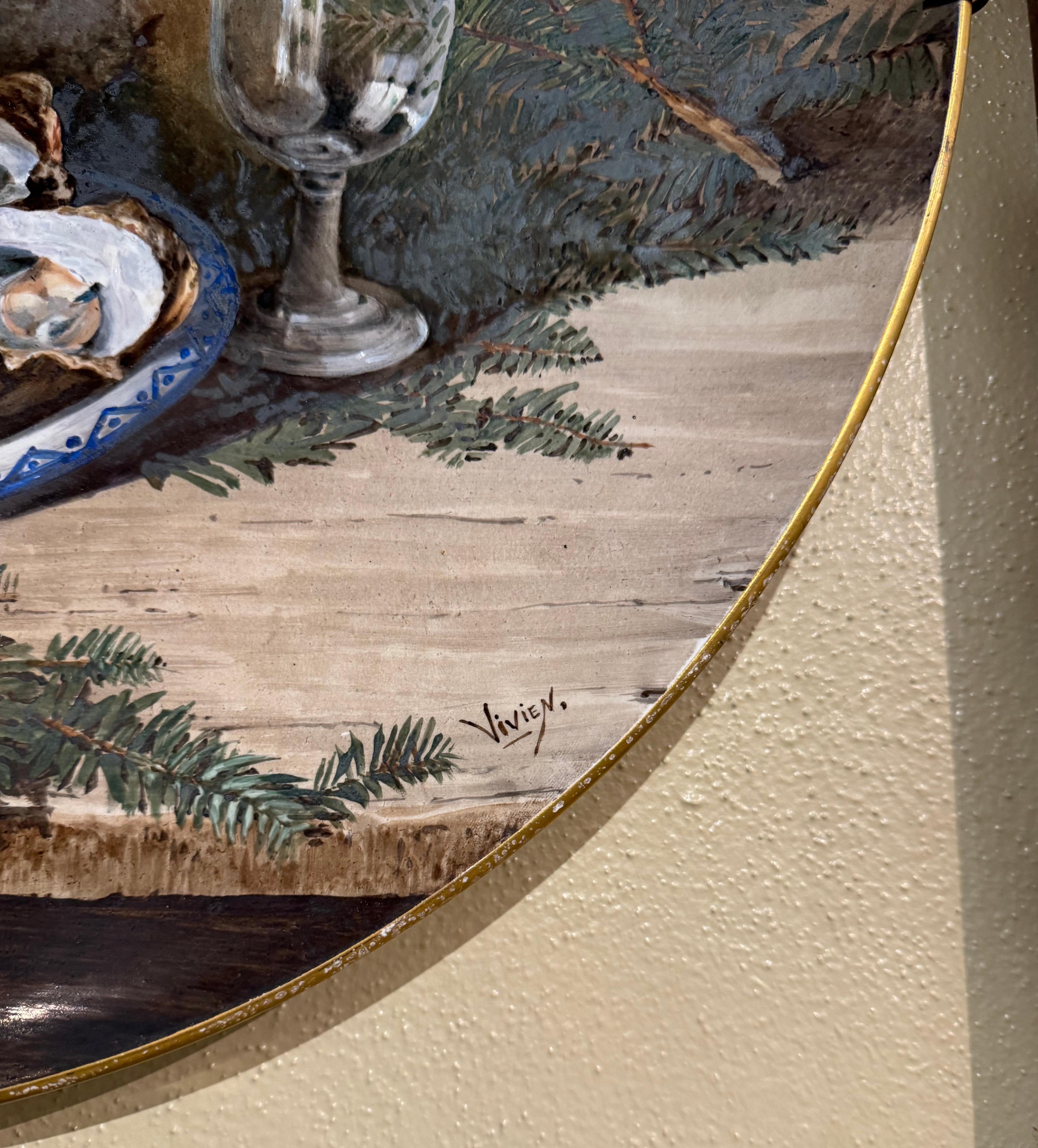 Paar französische handbemalte Porzellan-Wandteller des 19. Jahrhunderts, signiert Vivien im Angebot 6