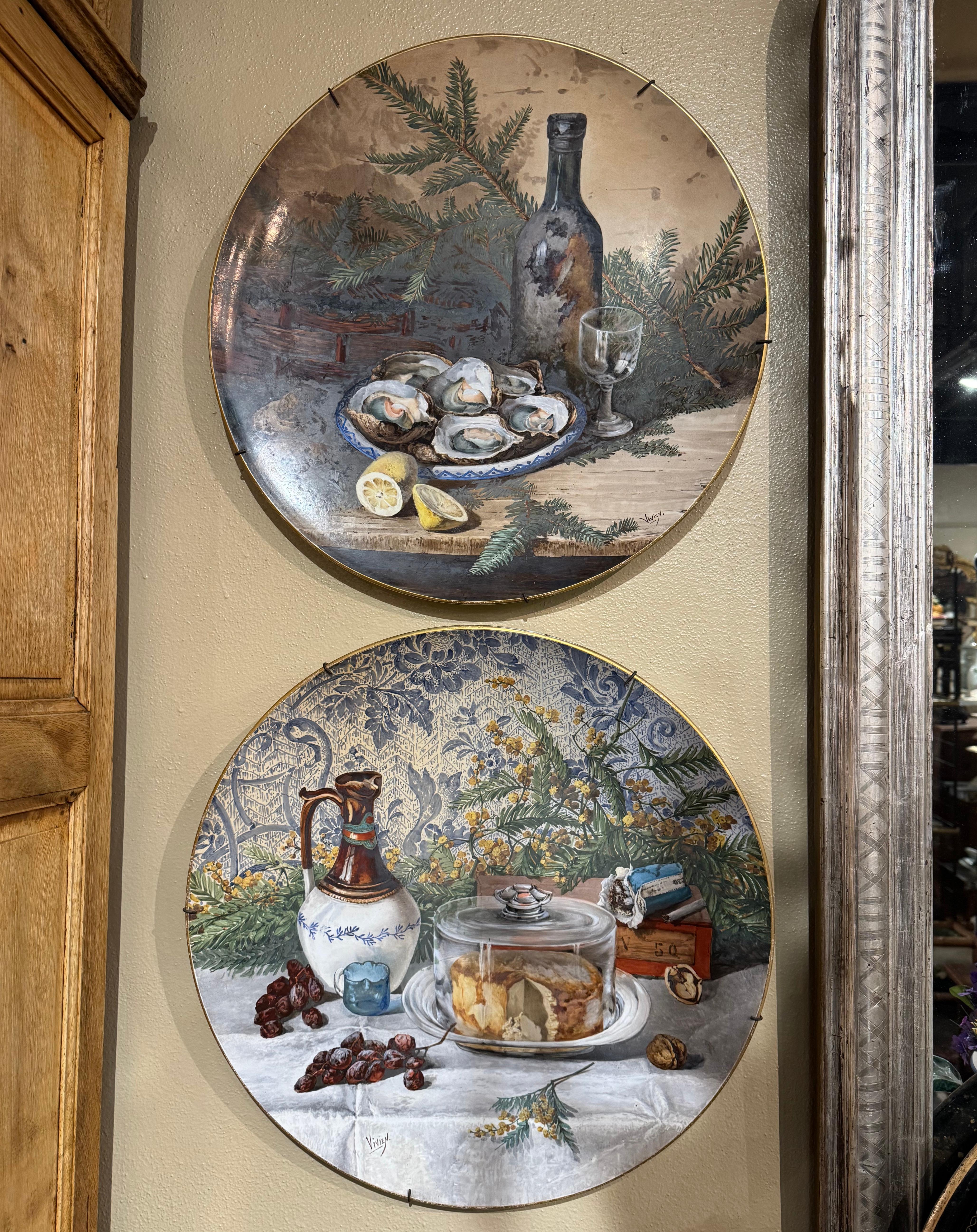 Pair 19th Century French Hand Painted Porcelain Wall Platters Signed Vivien For Sale 5