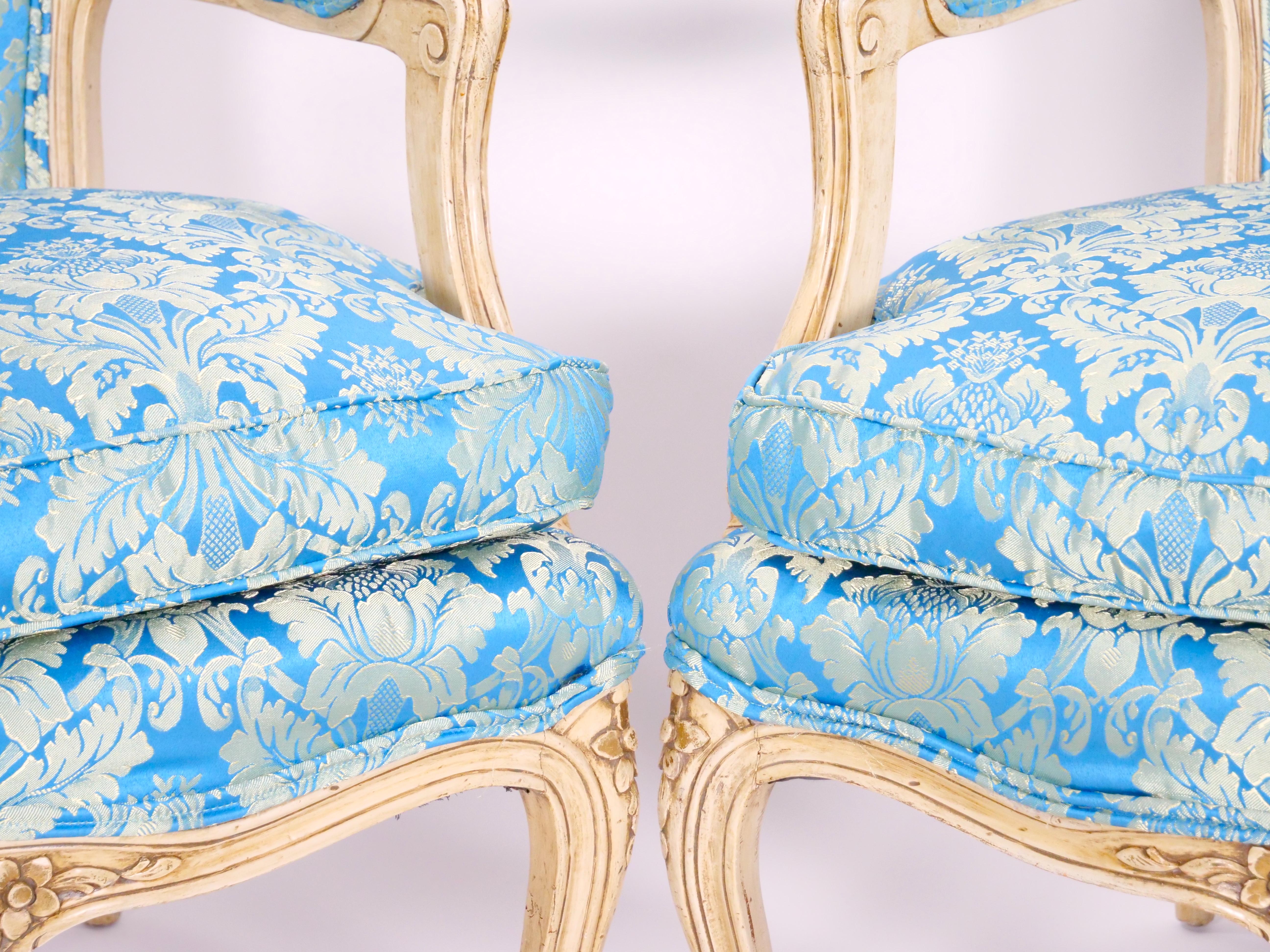 Pair 19th Century French Hand Painted Wooden Upholstered Armchairs For Sale 4