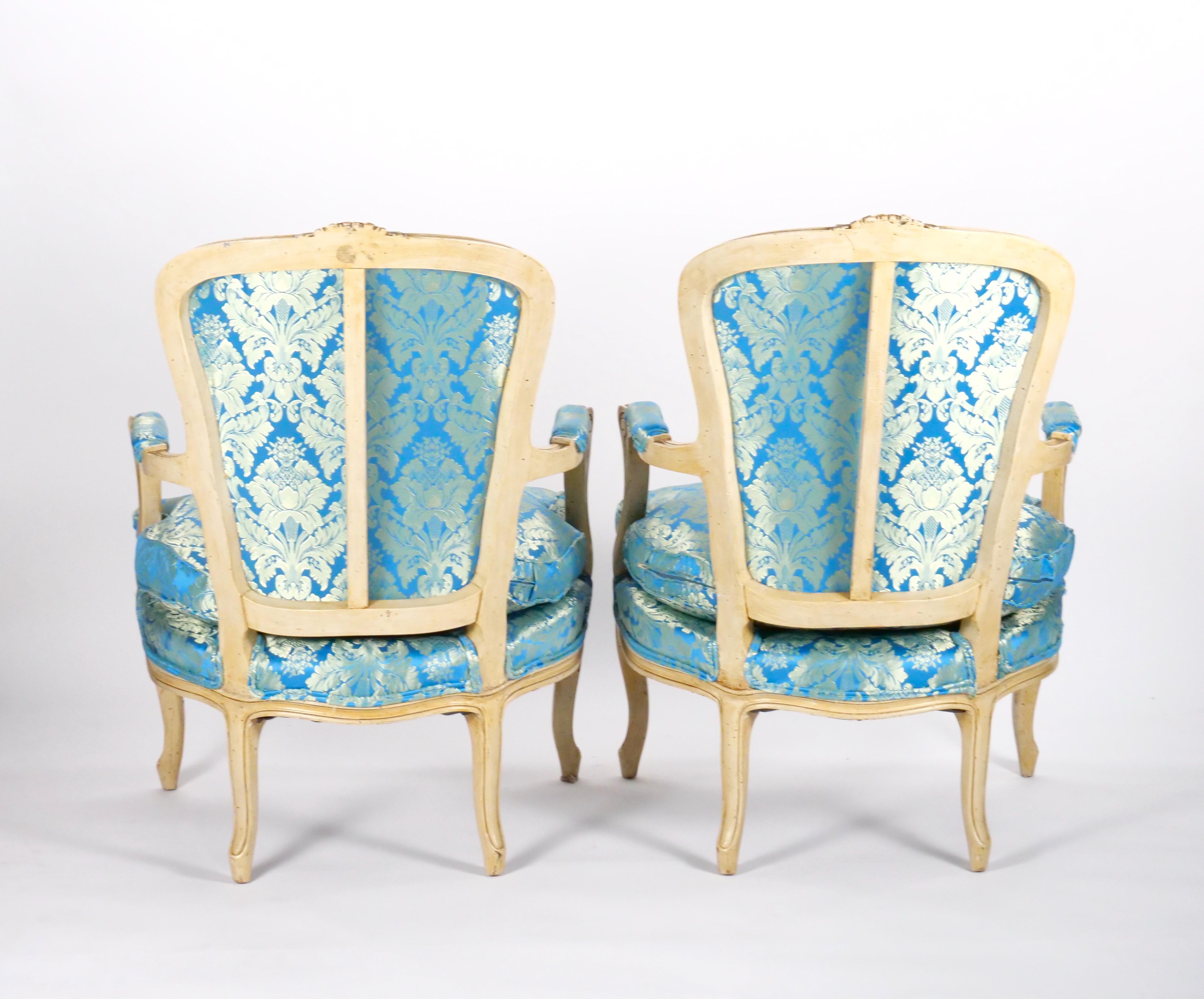 Pair 19th Century French Hand Painted Wooden Upholstered Armchairs For Sale 5