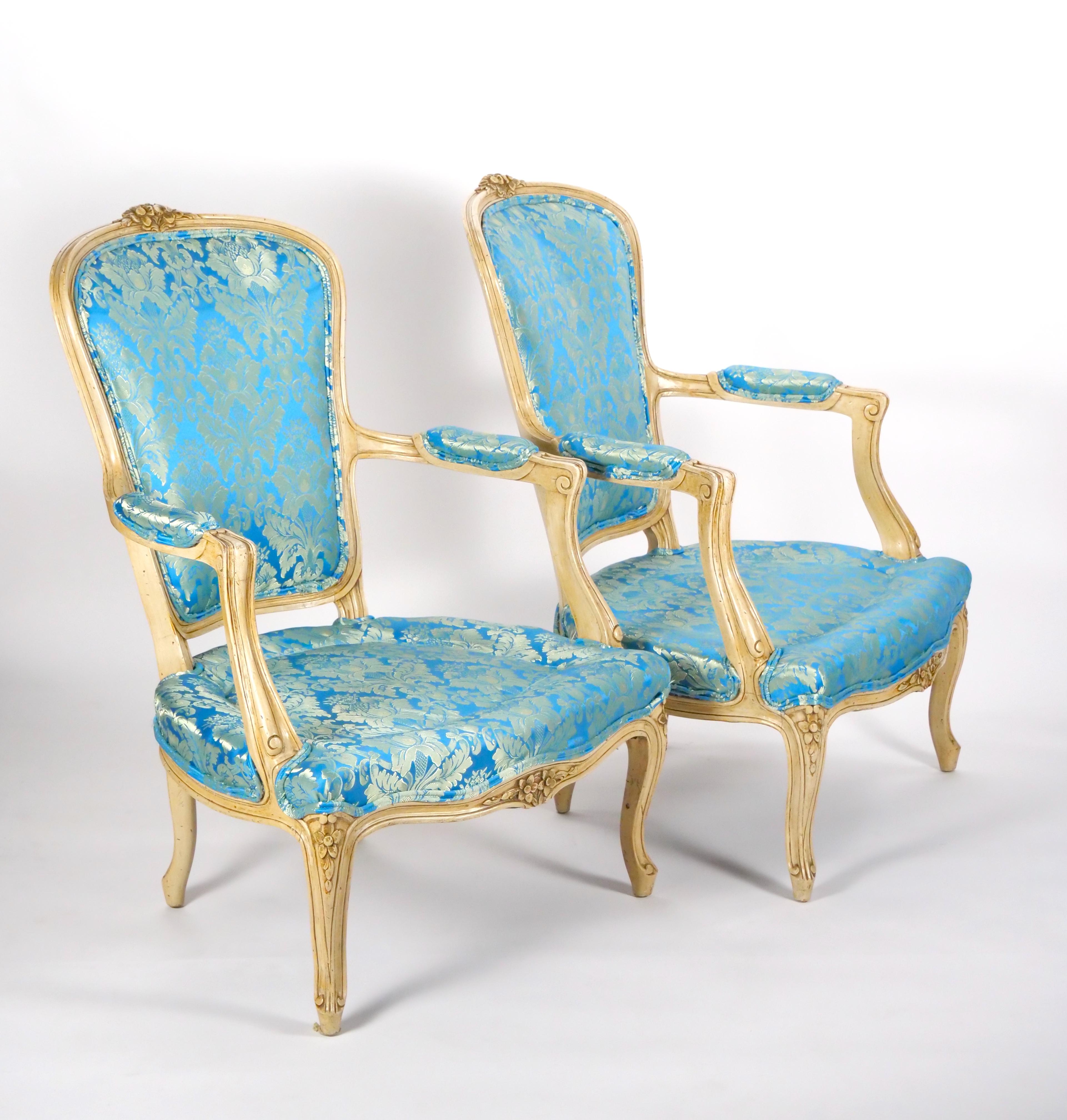 Pair 19th Century French Hand Painted Wooden Upholstered Armchairs For Sale 7