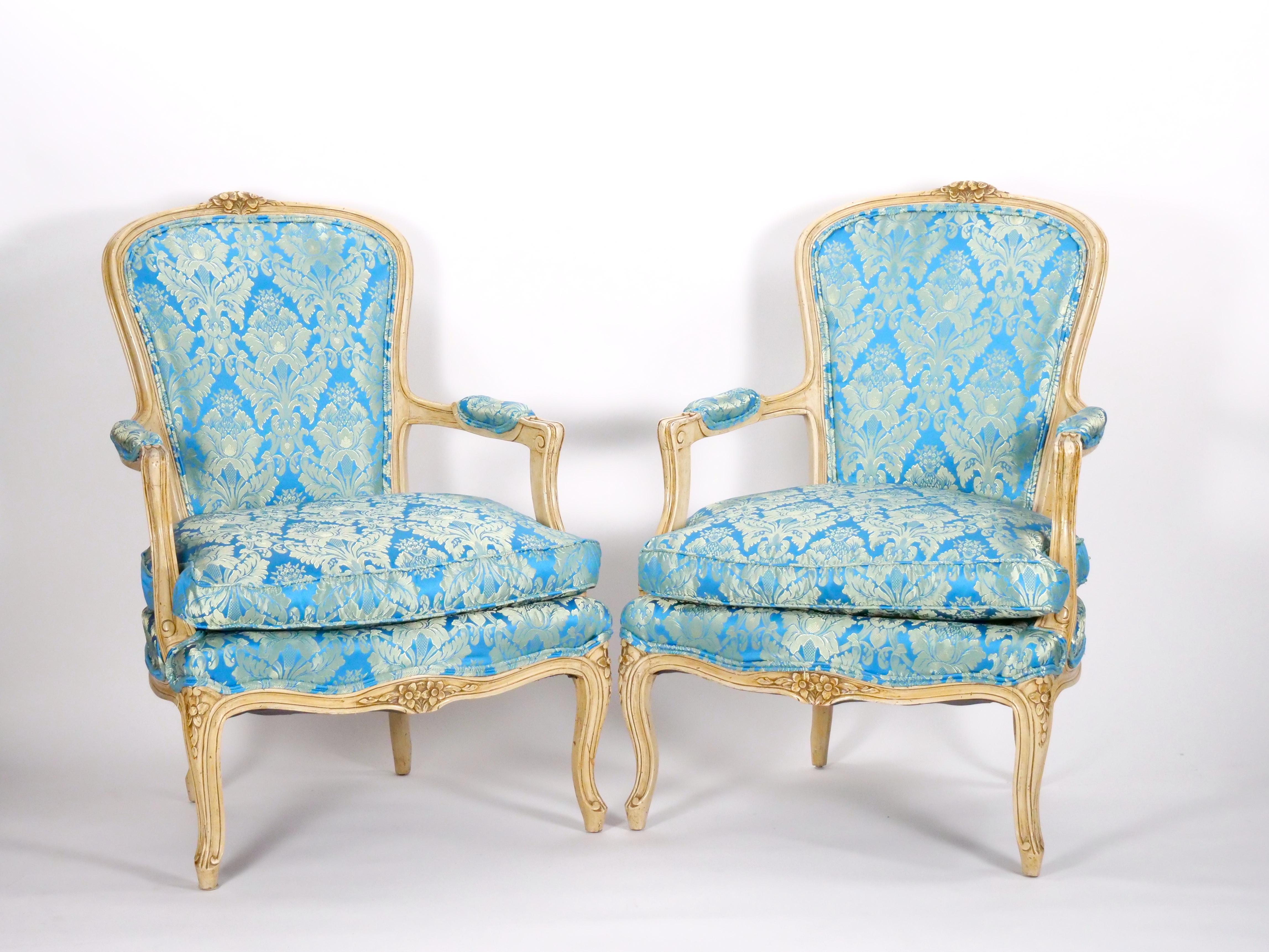 Pair 19th Century French Hand Painted Wooden Upholstered Armchairs For Sale 8