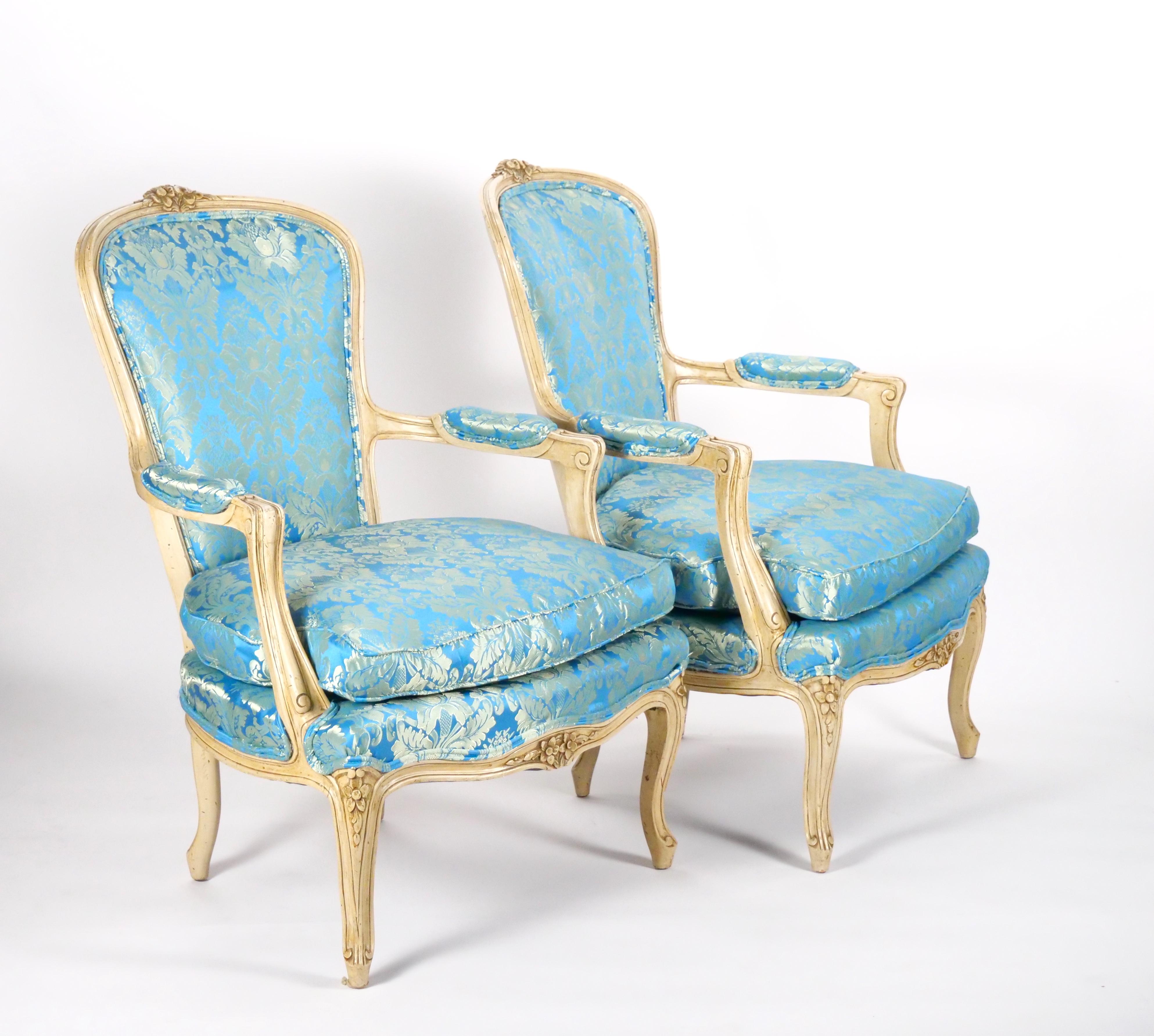 Louis XV Pair 19th Century French Hand Painted Wooden Upholstered Armchairs For Sale