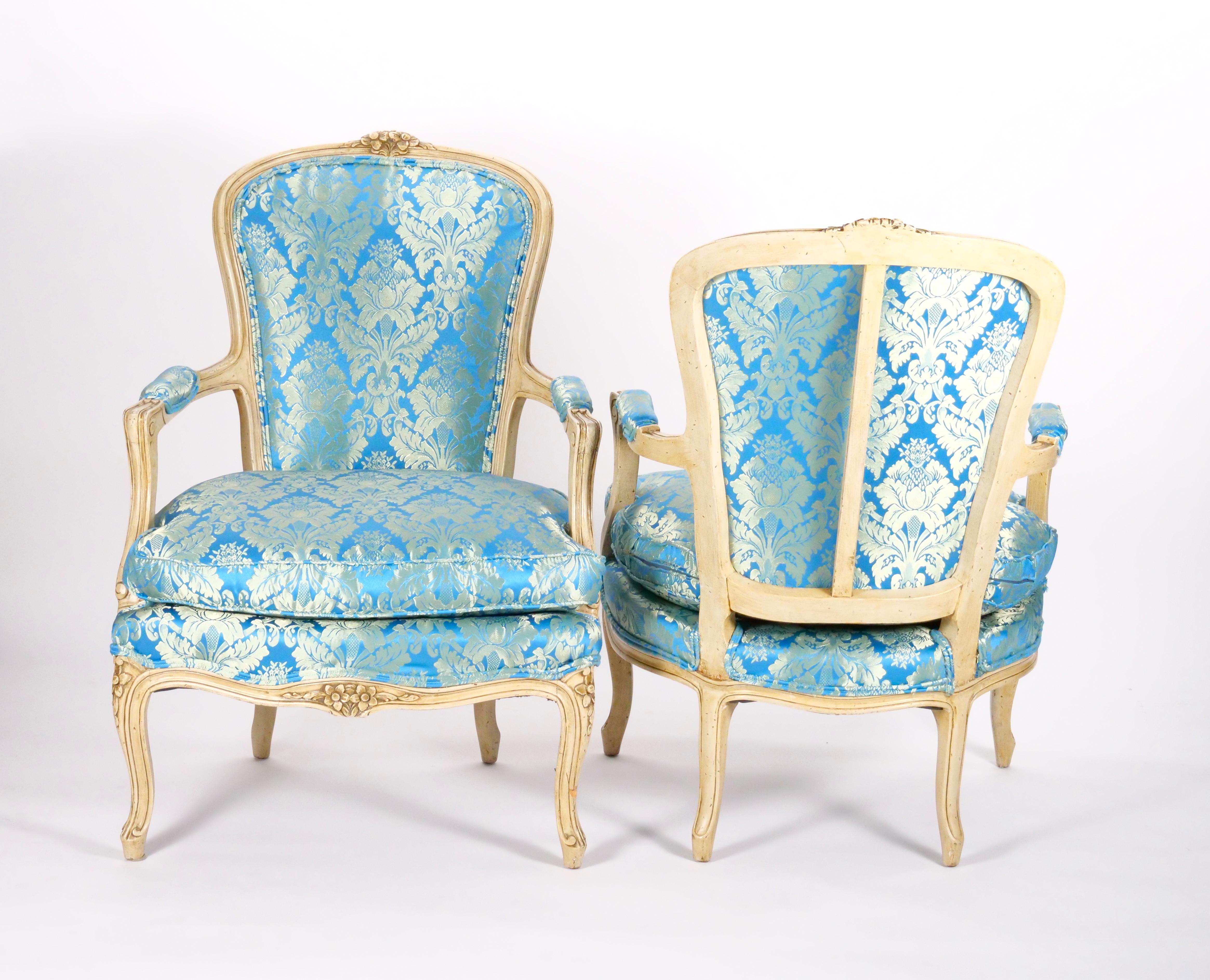 Hand-Carved Pair 19th Century French Hand Painted Wooden Upholstered Armchairs For Sale