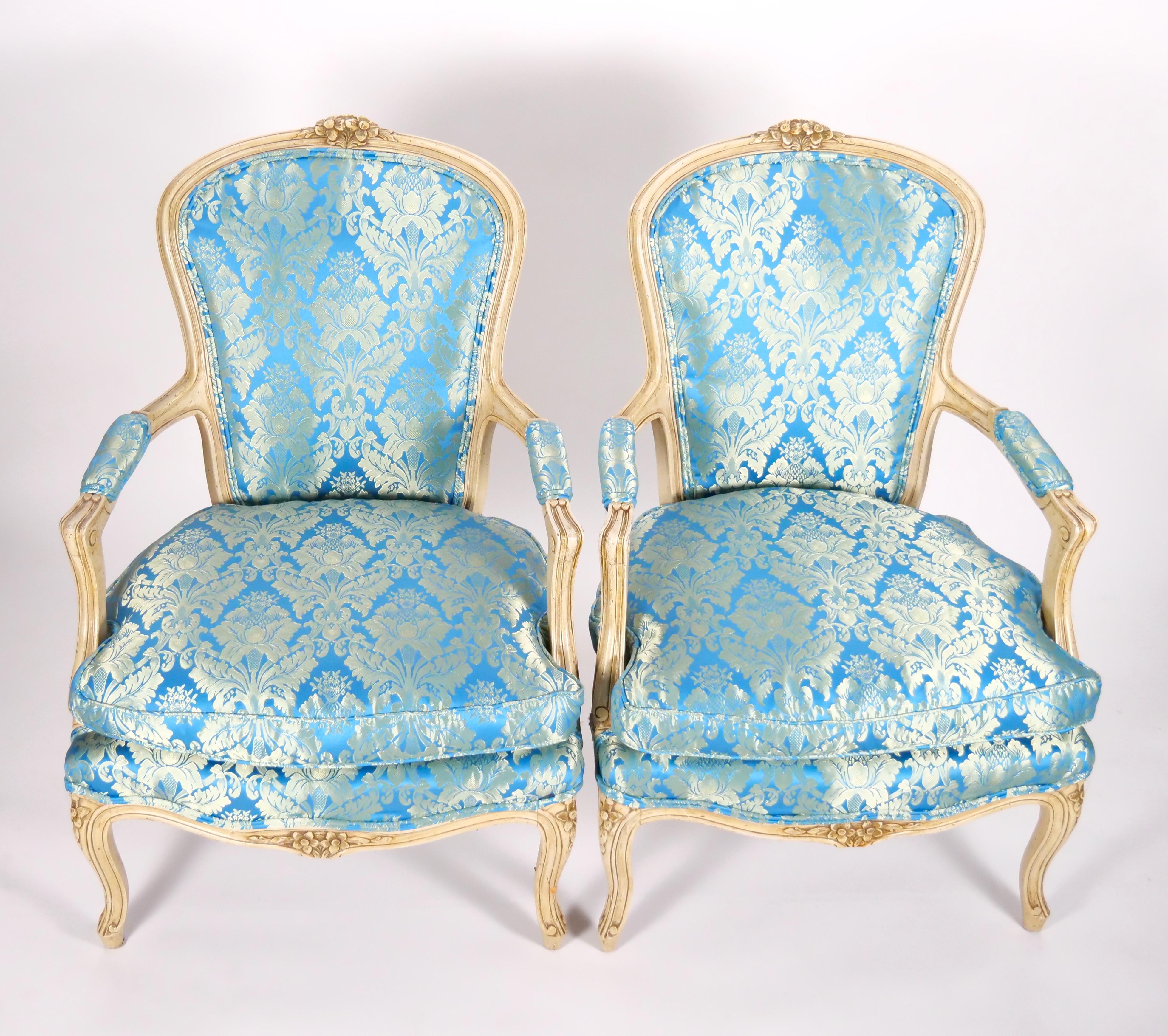 Upholstery Pair 19th Century French Hand Painted Wooden Upholstered Armchairs For Sale