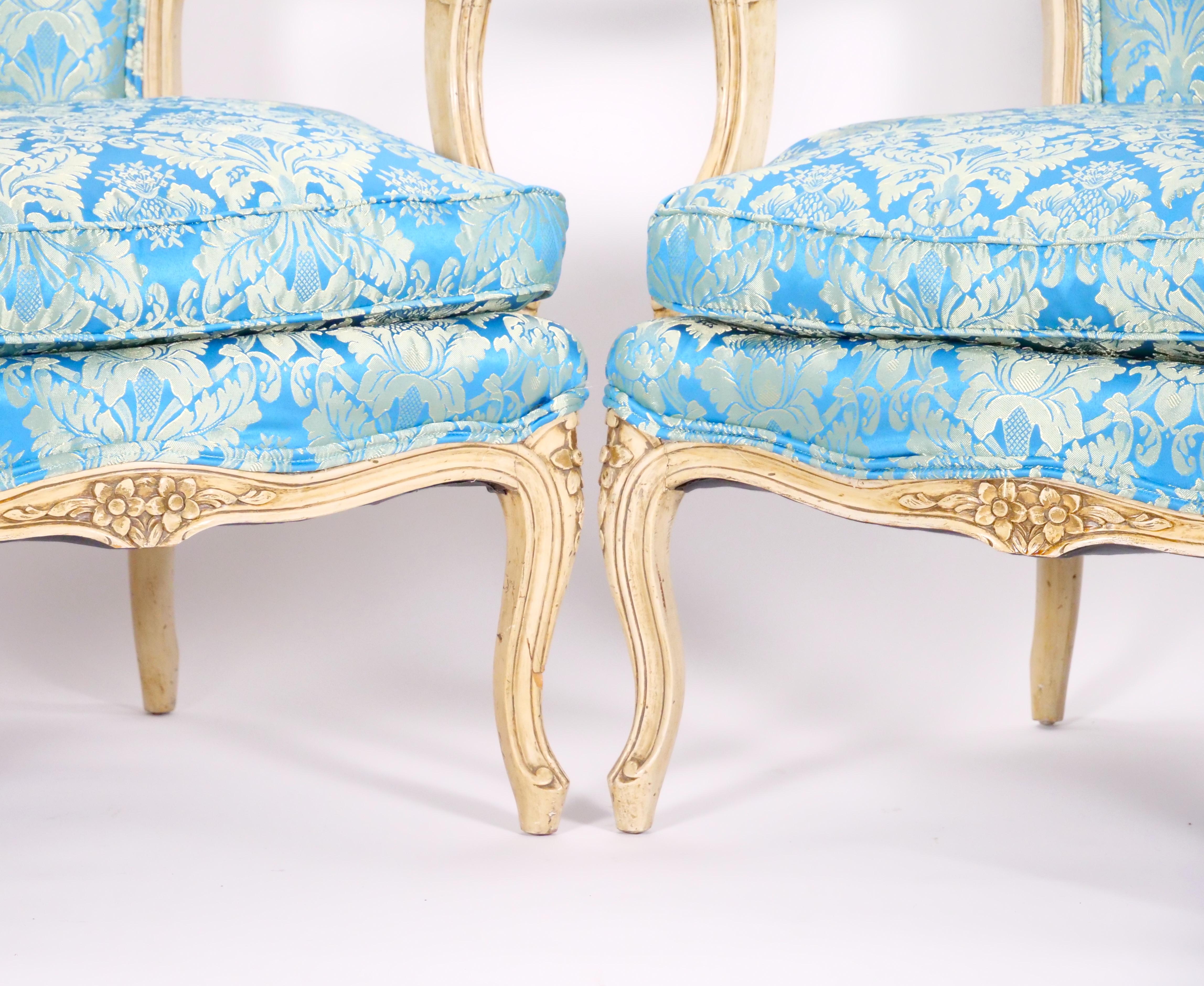 Pair 19th Century French Hand Painted Wooden Upholstered Armchairs For Sale 2