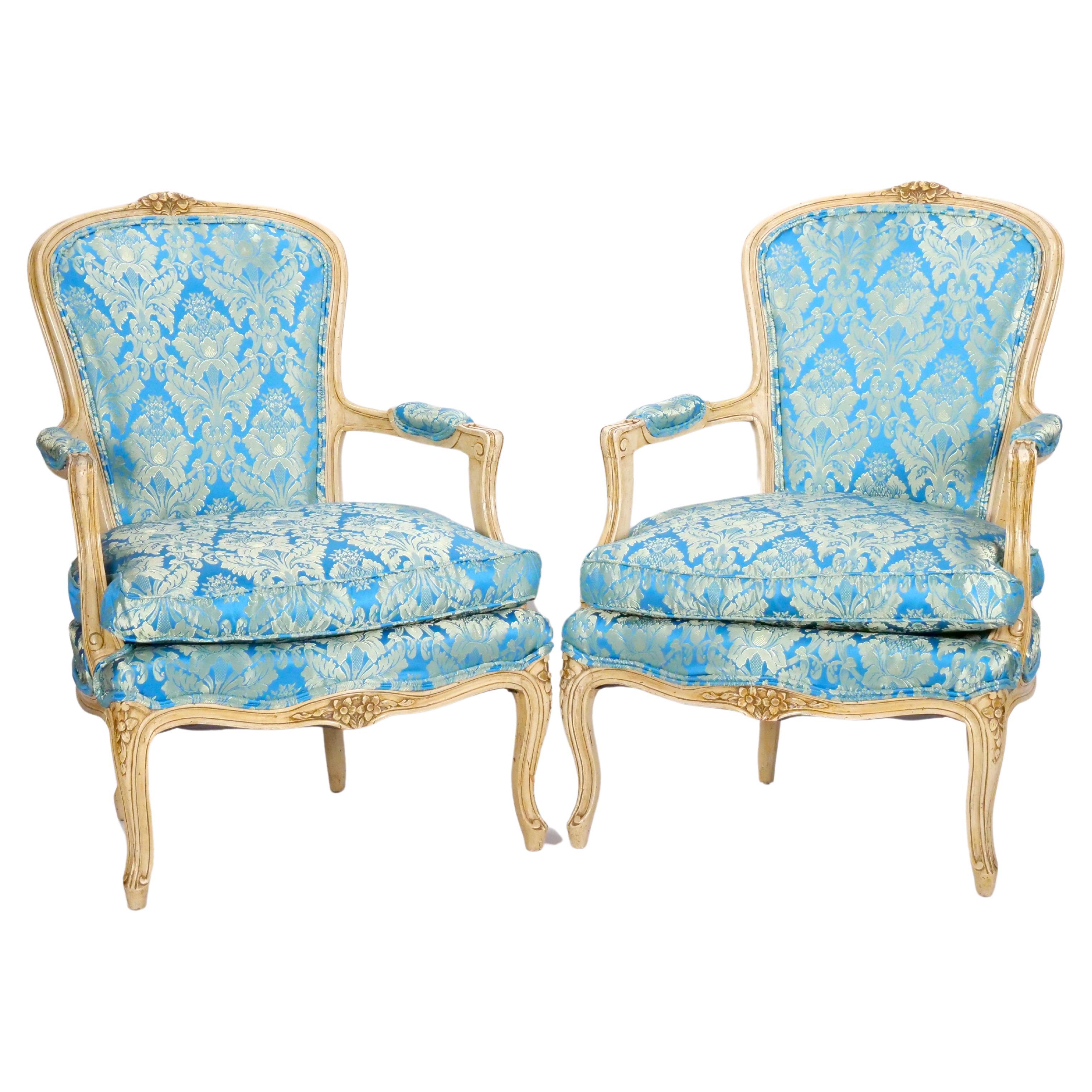 Pair 19th Century French Hand Painted Wooden Upholstered Armchairs For Sale
