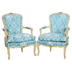 Pair 19th Century French Hand Painted Wooden Upholstered Armchairs