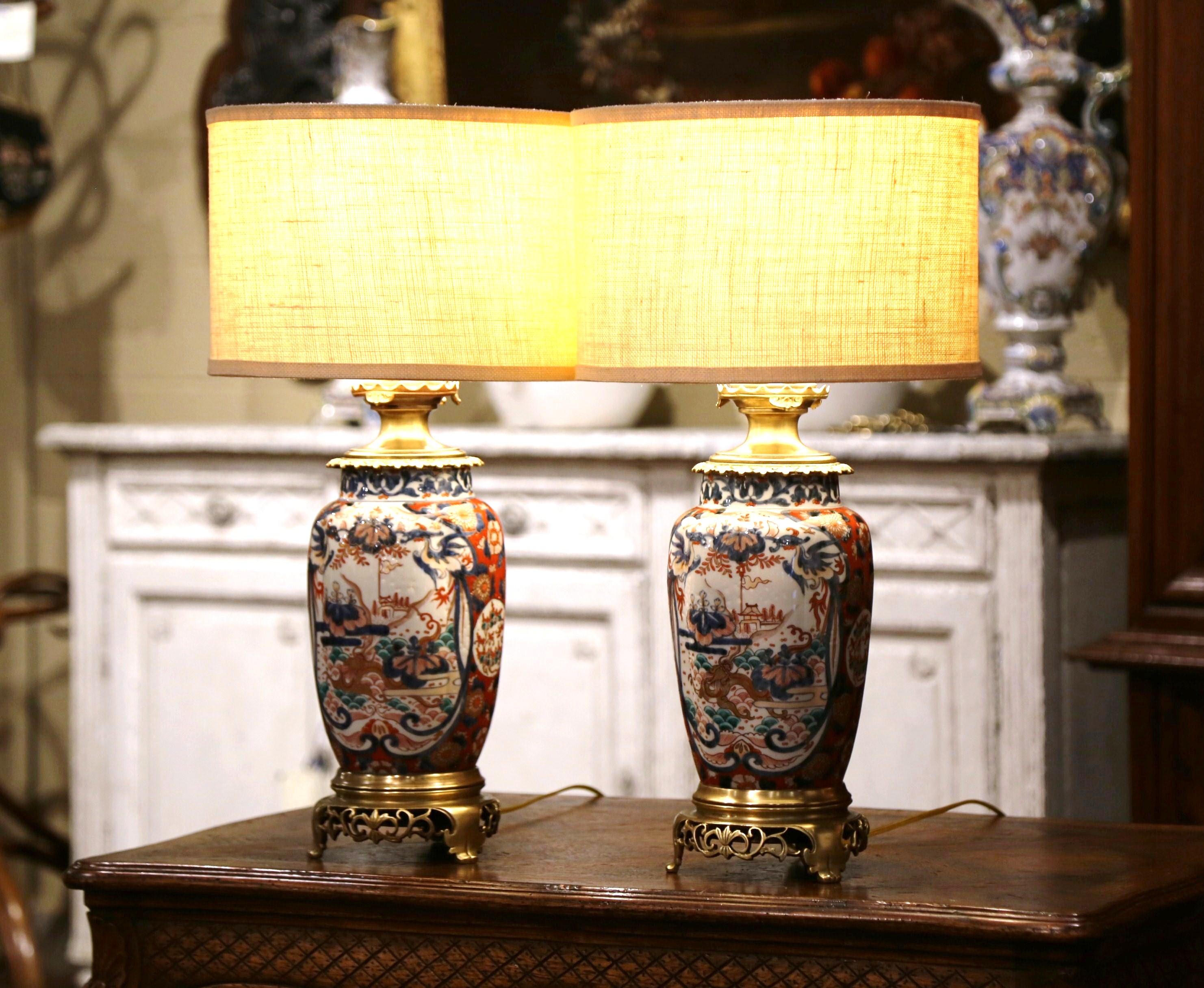 Japanese Pair of 19th Century French Imari Hand Painted Porcelain and Bronze Table Lamps