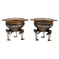 Pair 19th Century French Japonisme Enamel Inlaid Gilt Bronze Centerpiece Bowls