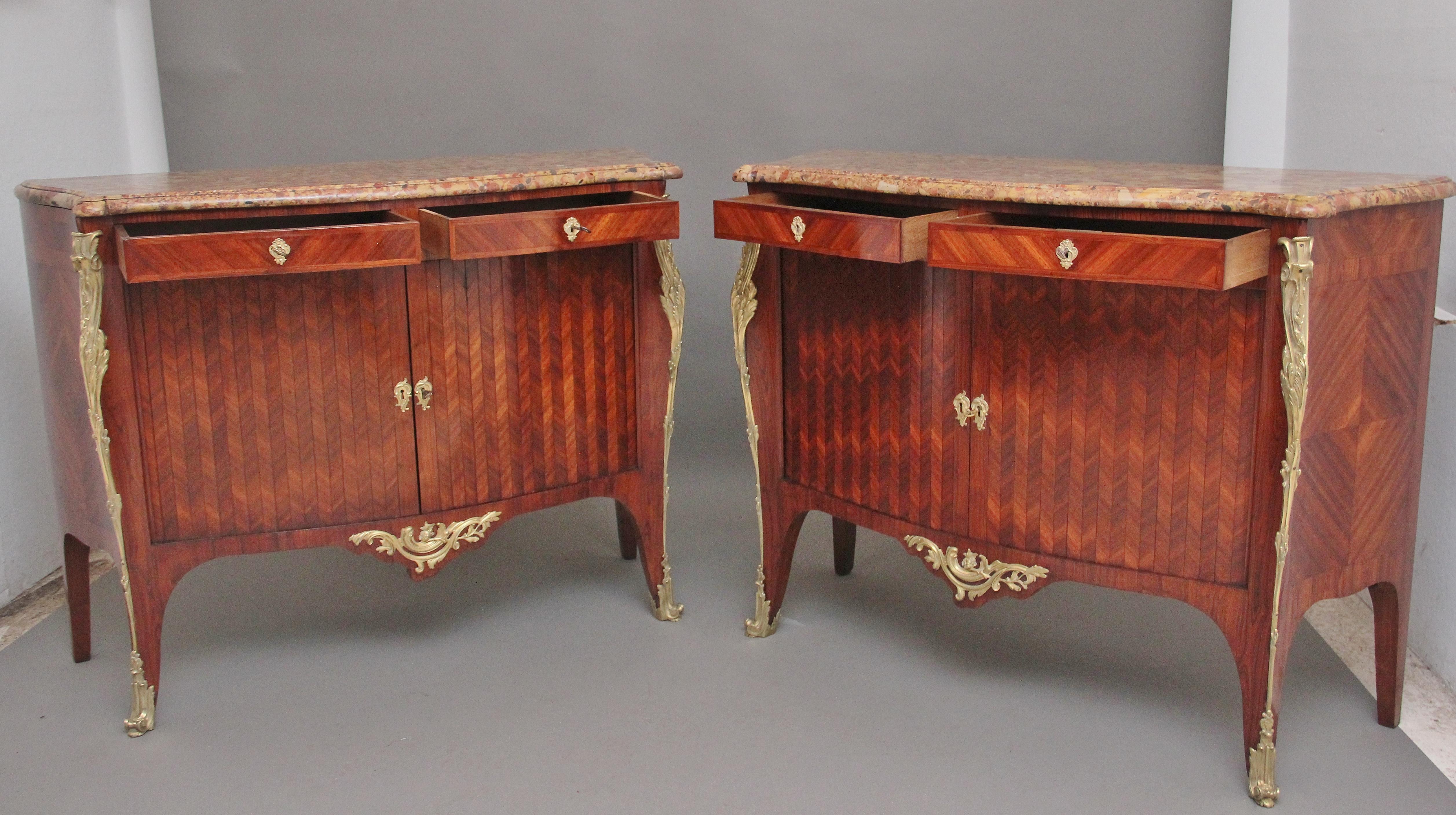 Parquetry Pair 19th Century French Kingwood and Marble Top Commodes For Sale