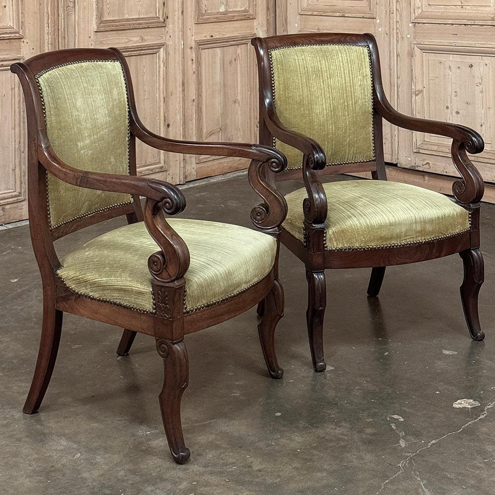 Pair 19th Century French Louis Philippe Period Mahogany Armchairs represent an interesting era and reflect the tastes of an ambitious monarch.  Many are not aware that during his reign the architectural masterpiece of Versailles was saved from