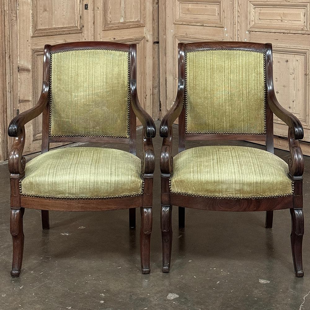 Fabric Pair 19th Century French Louis Philippe Period Mahogany Armchairs For Sale