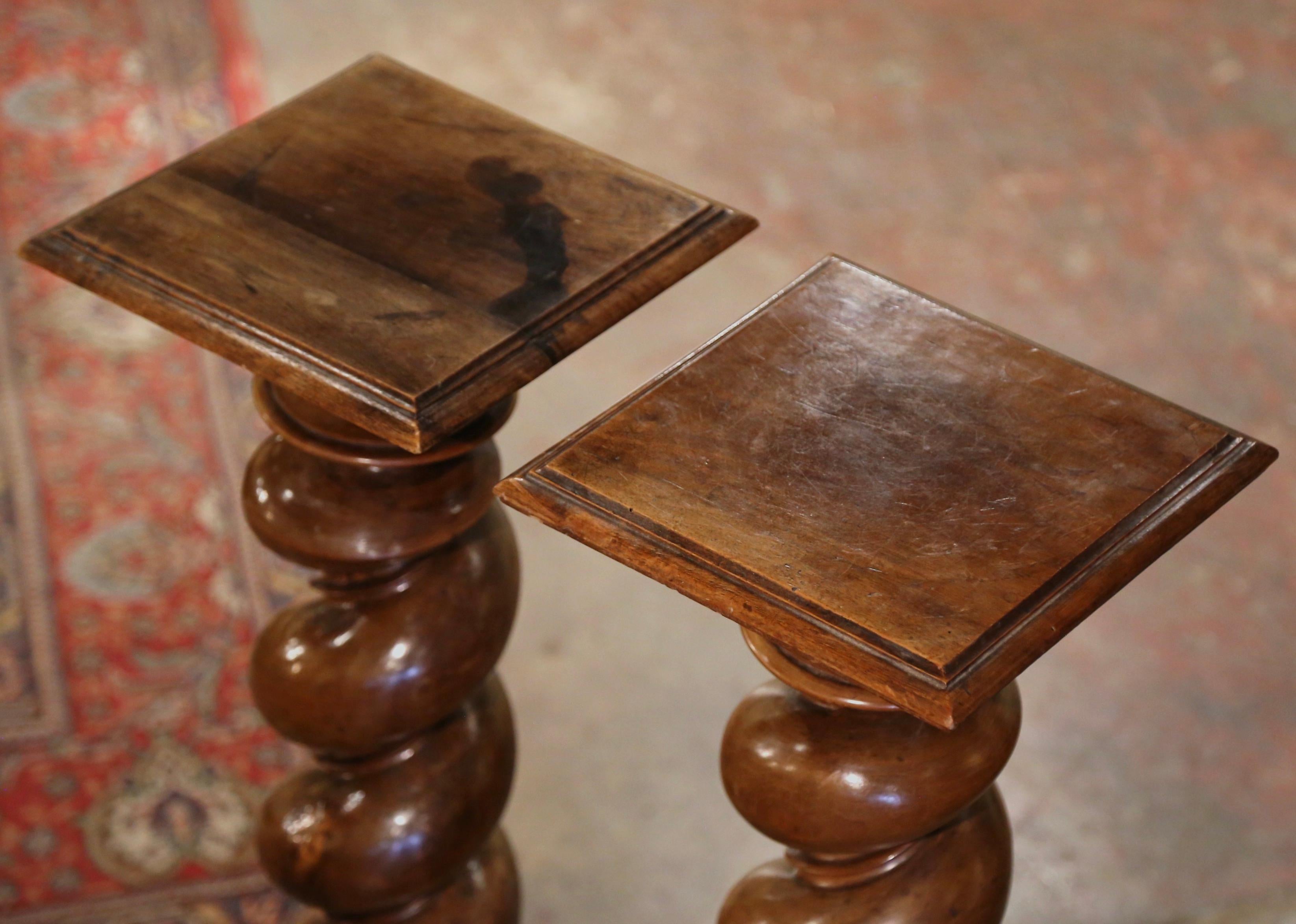 Patinated Pair 19th Century French Louis XIII Carved Walnut Barley Twist Pedestal Tables For Sale