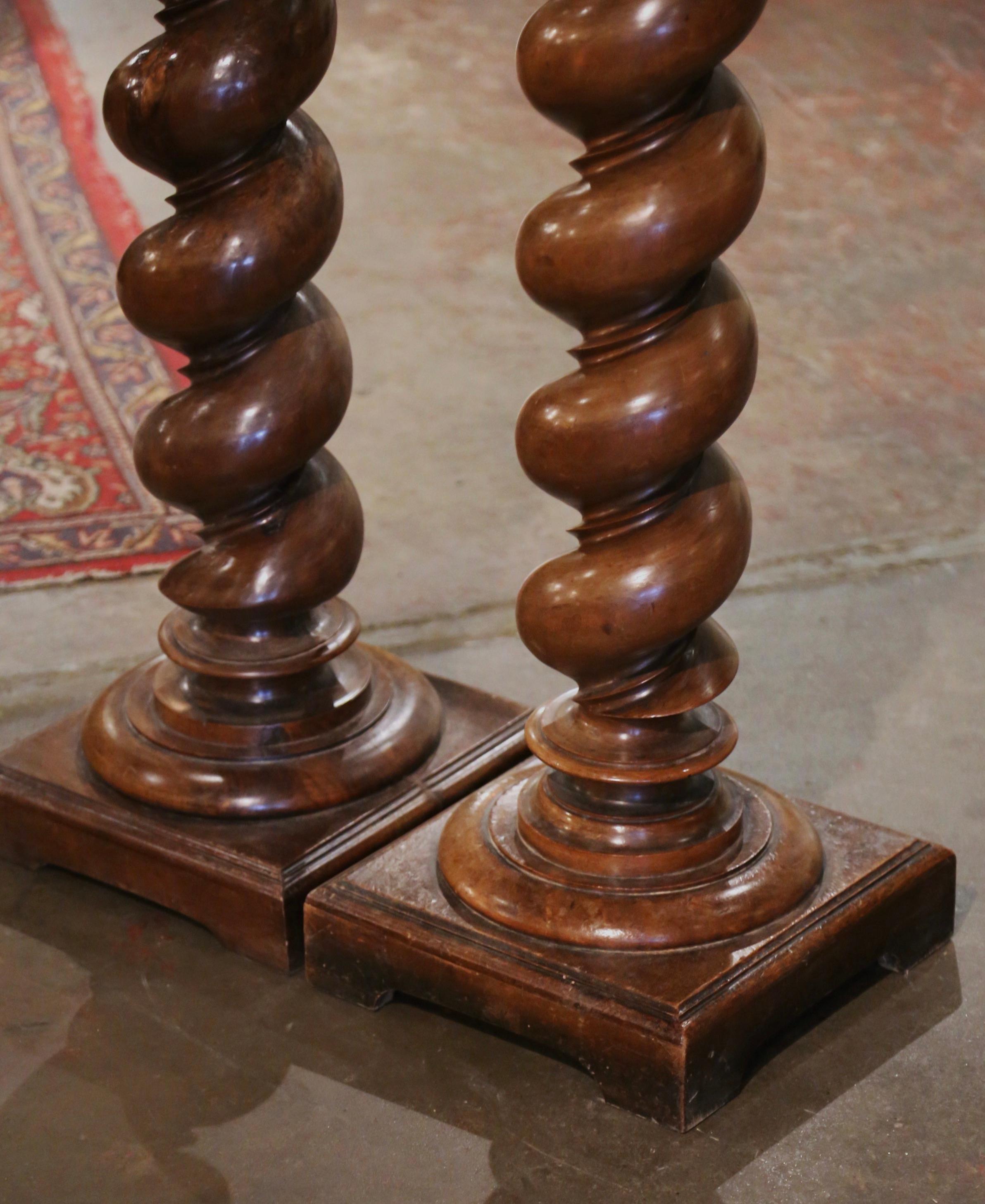 Pair 19th Century French Louis XIII Carved Walnut Barley Twist Pedestal Tables In Excellent Condition For Sale In Dallas, TX