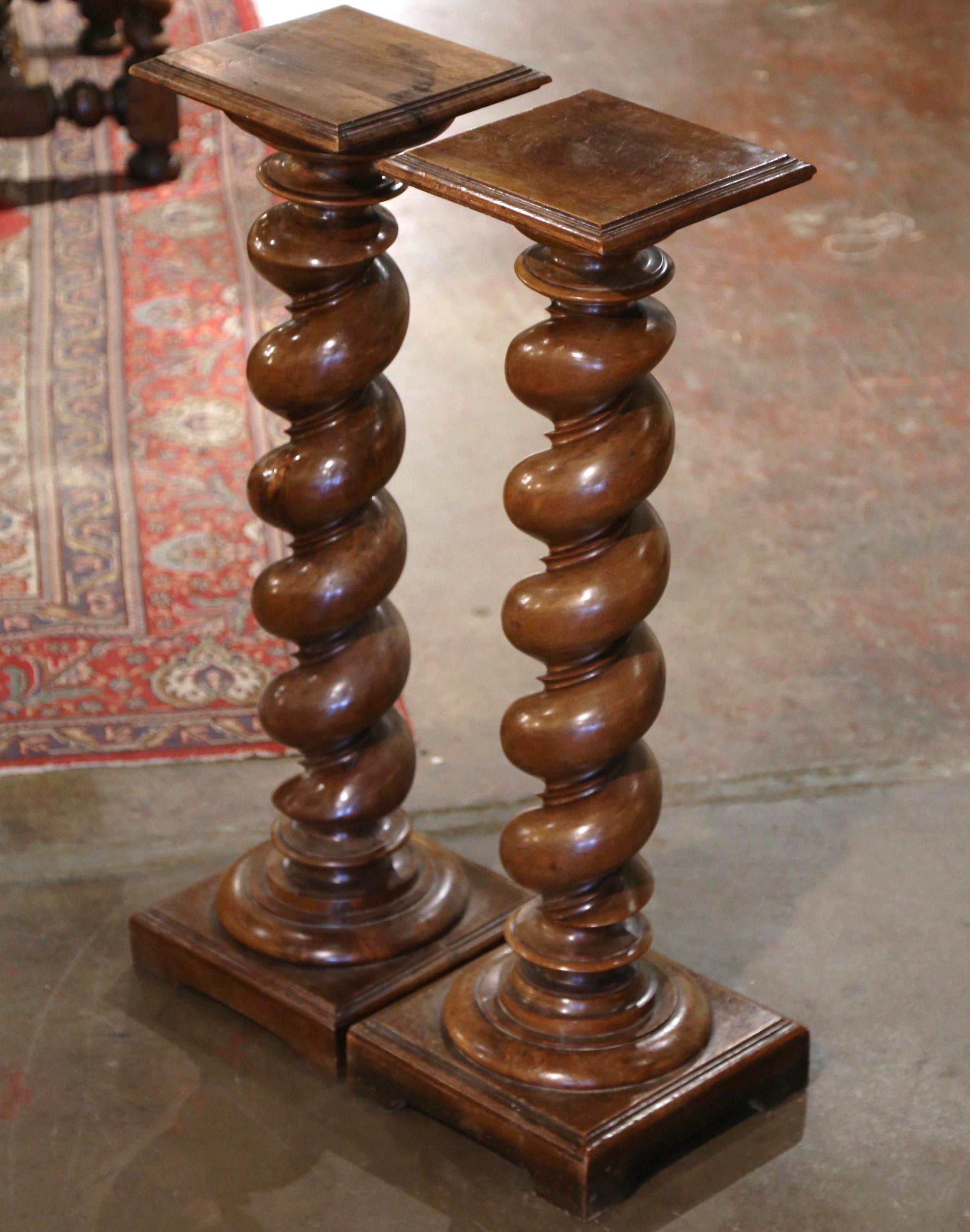 Pair 19th Century French Louis XIII Carved Walnut Barley Twist Pedestal Tables For Sale 3