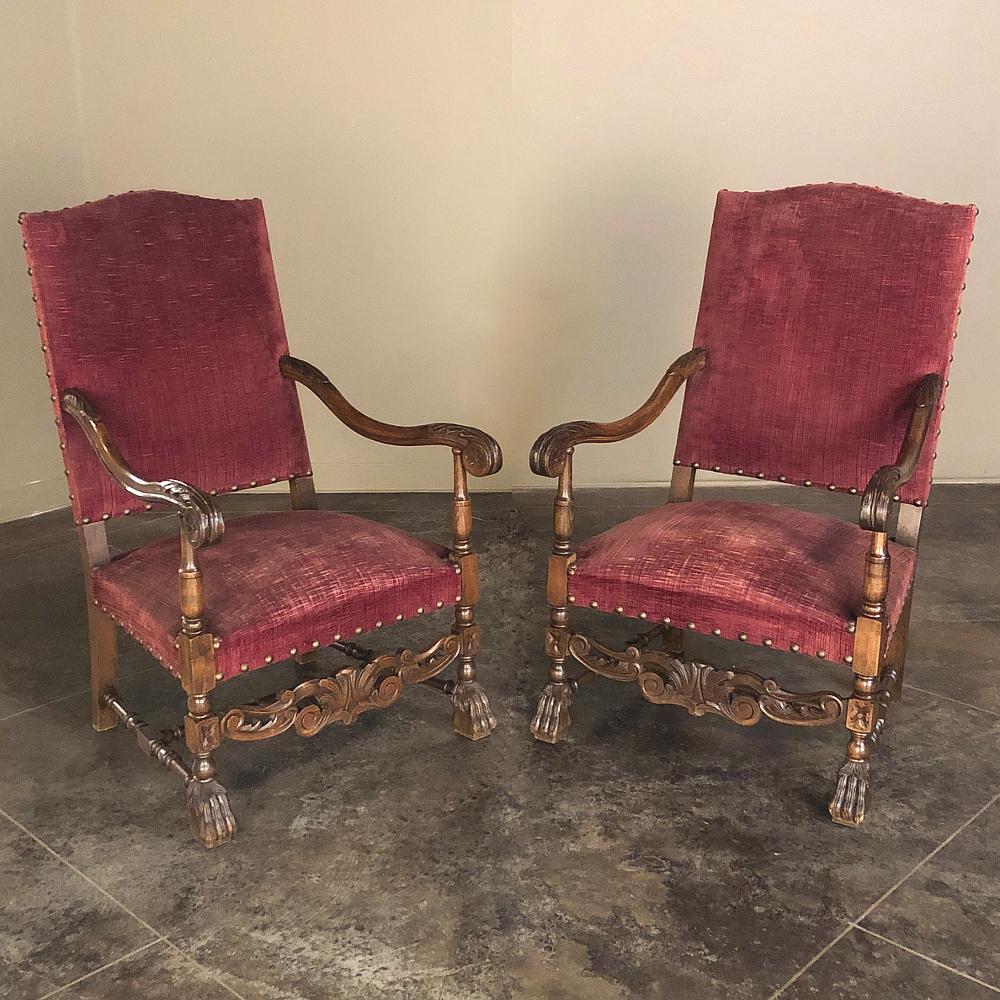 Mohair Pair of 19th Century French Louis XIII Fauteuils, Armchairs For Sale