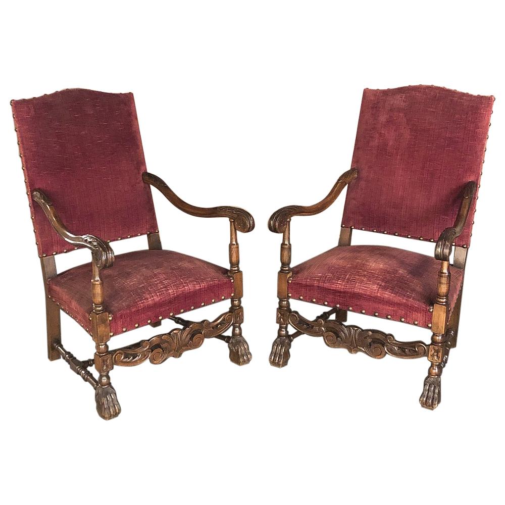 Pair of 19th Century French Louis XIII Fauteuils, Armchairs