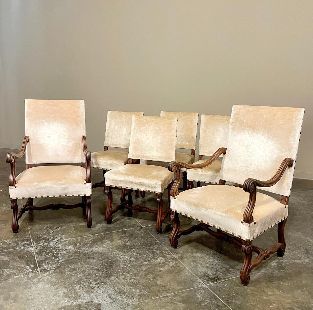 Pair 19th century French Louis XIV armchairs ~ Fauteuils with Mohair represent the essence of the form, with gracefully scrolled armrests, legs and stretchers providing stylish support for the generously sized rectangular seats and high squared