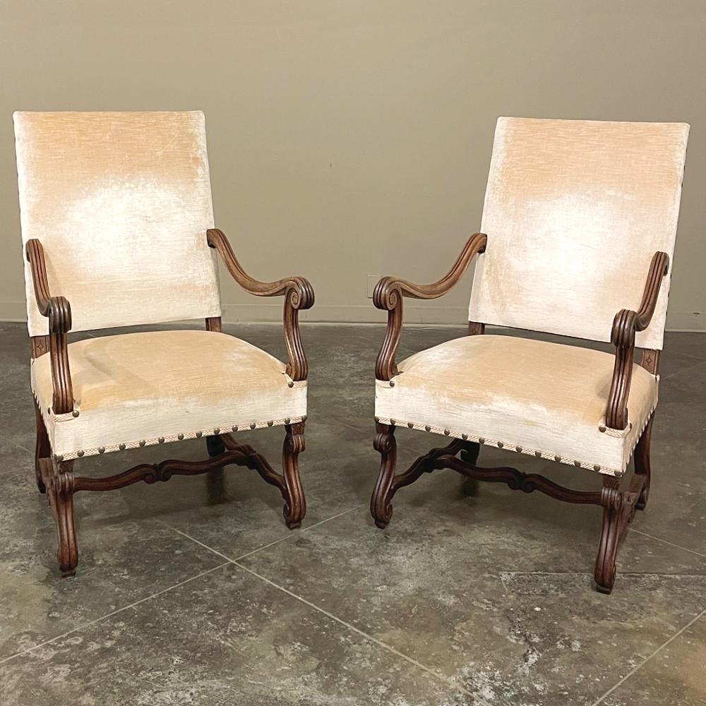 Hand-Crafted Pair 19th Century French Louis XIV Armchairs ~ Fauteuils with Mohair For Sale