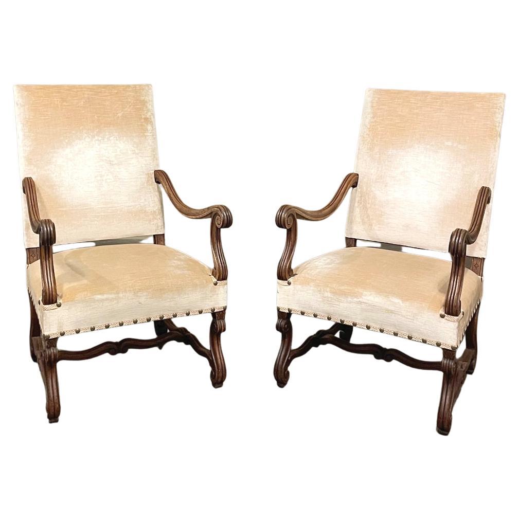 Pair 19th Century French Louis XIV Armchairs ~ Fauteuils with Mohair For Sale