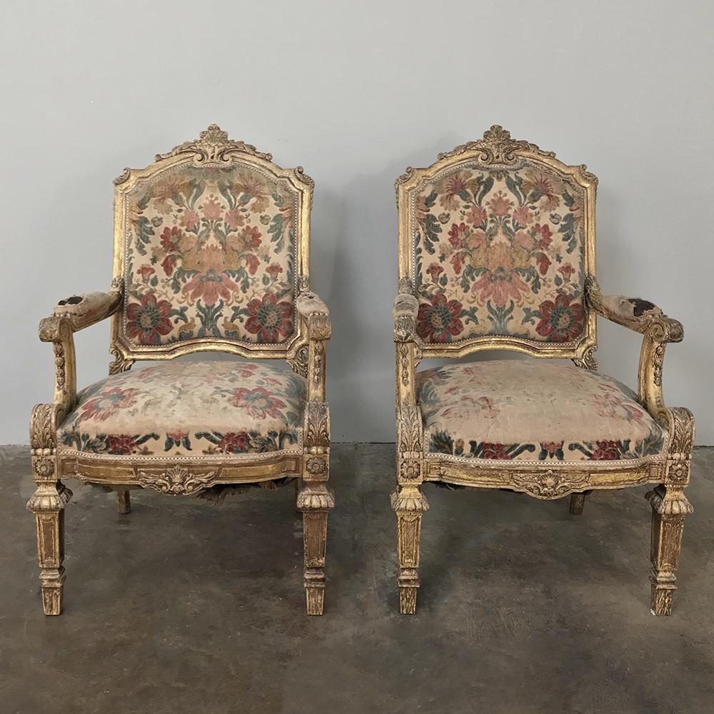 Louis XVI Pair 19th Century French Louis XIV Gilded Armchairs For Sale