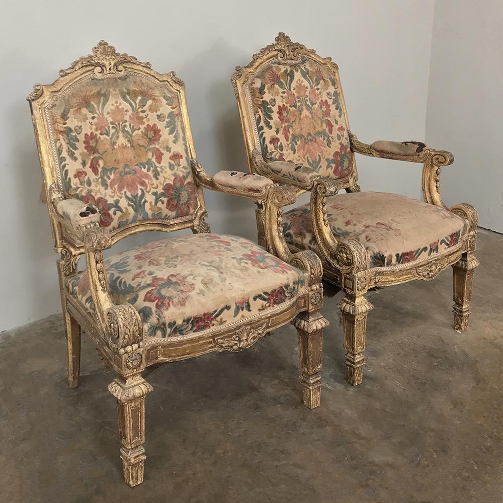 Hand-Carved Pair 19th Century French Louis XIV Gilded Armchairs For Sale