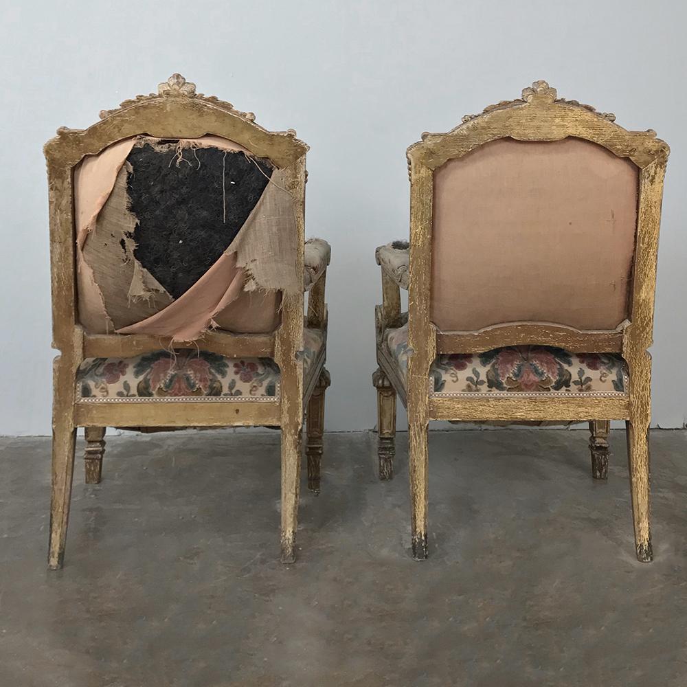 Giltwood Pair 19th Century French Louis XIV Gilded Armchairs For Sale