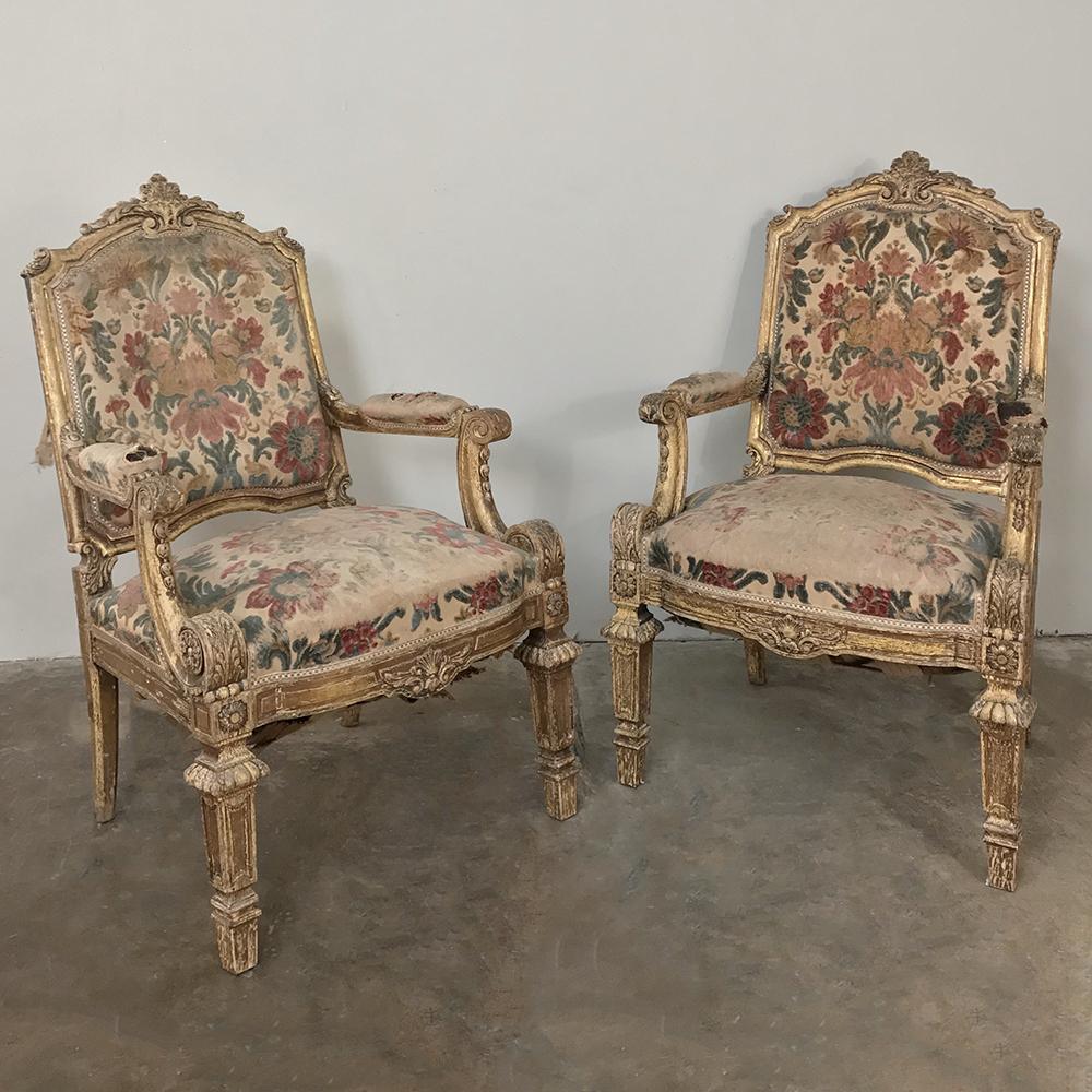 Pair 19th Century French Louis XIV Gilded Armchairs For Sale 1