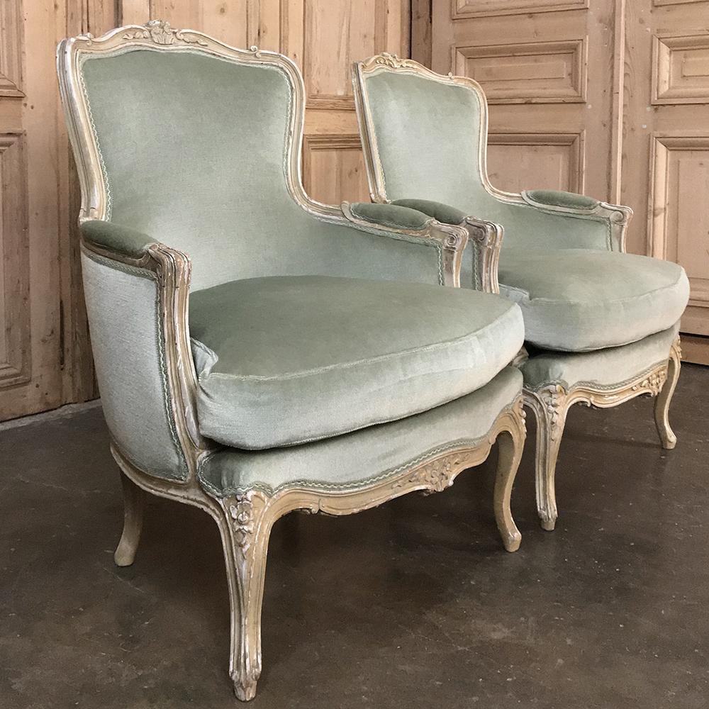 Hand-Carved Pair of 19th Century French Louis XV Bergeres, Armchairs