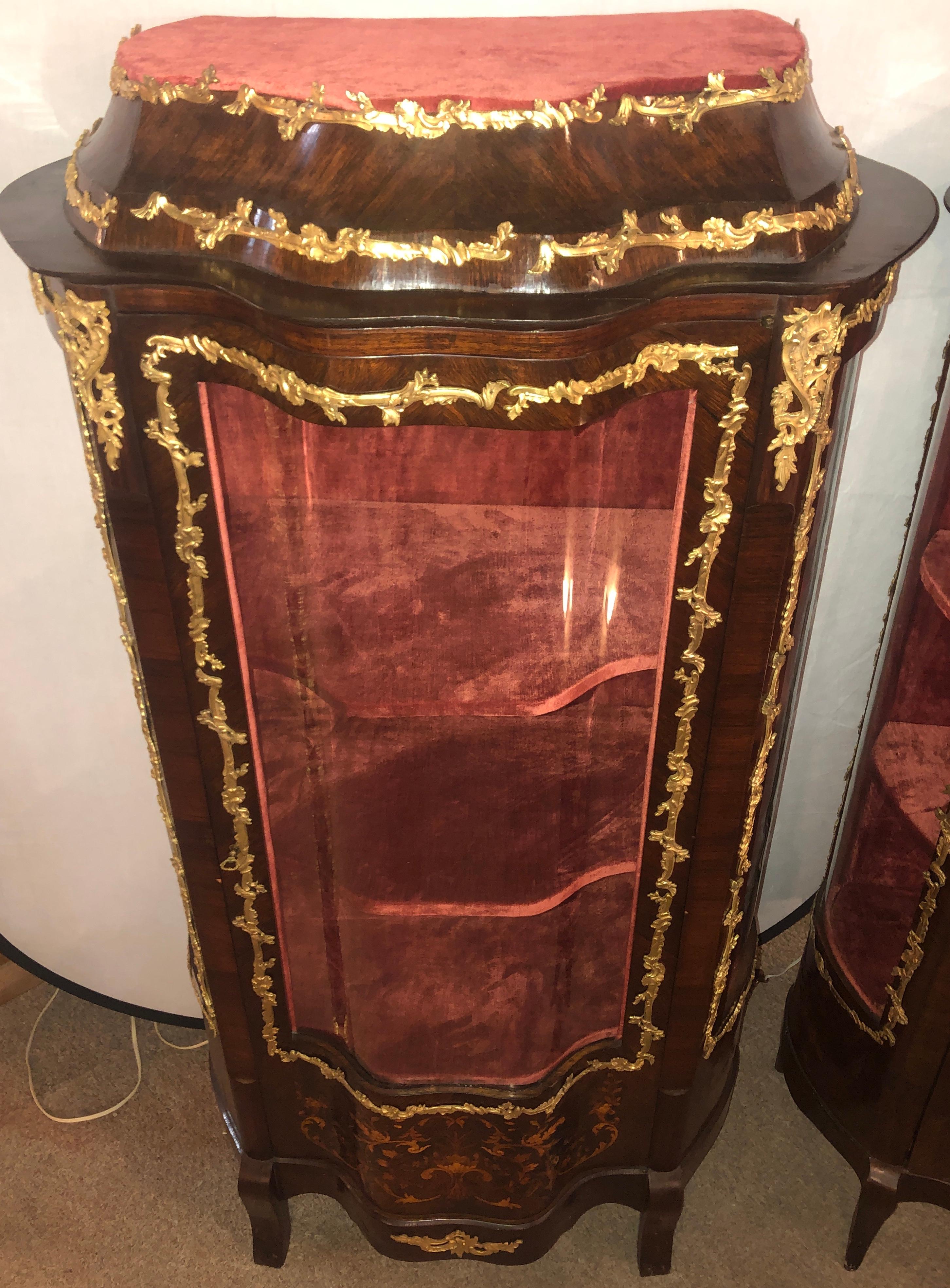 20th Century 19th Century French Bronze Mounted Inlaid Vitrines Curio Cabinets, Pair