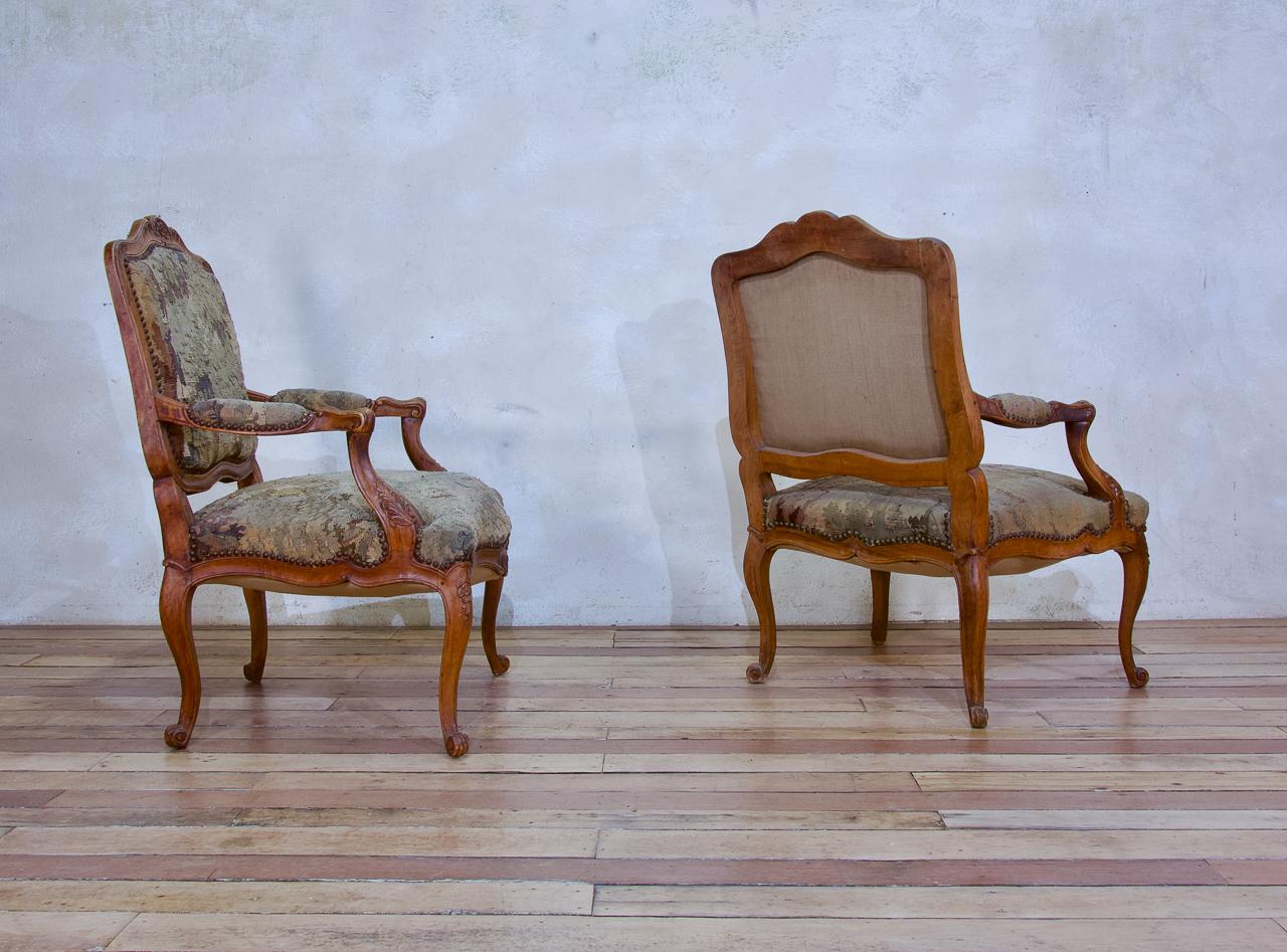 Pair 19th Century French Louis XV Fauteuils Open Arm Chairs Aubusson Tapestry For Sale 11