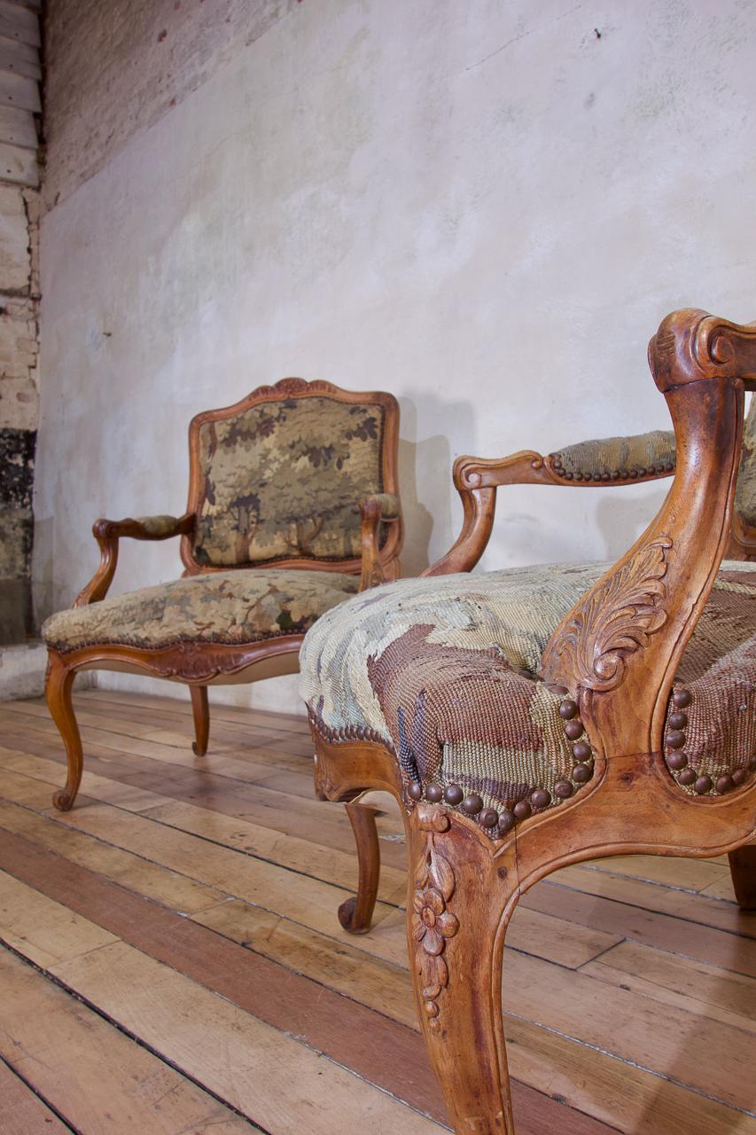 18th Century and Earlier Pair 19th Century French Louis XV Fauteuils Open Arm Chairs Aubusson Tapestry For Sale