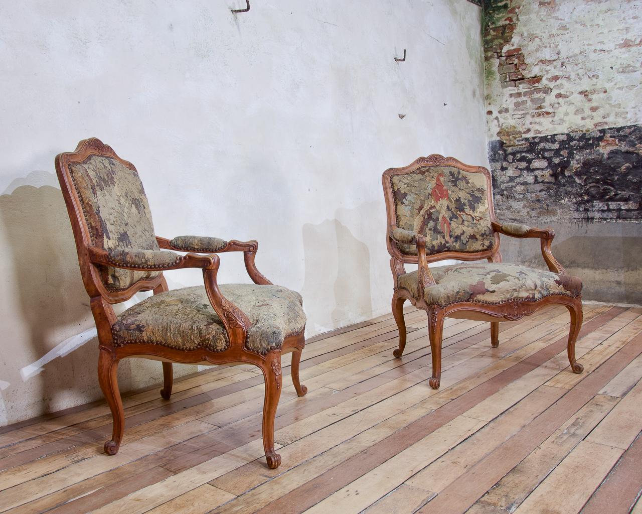 Pair 19th Century French Louis XV Fauteuils Open Arm Chairs Aubusson Tapestry For Sale 2